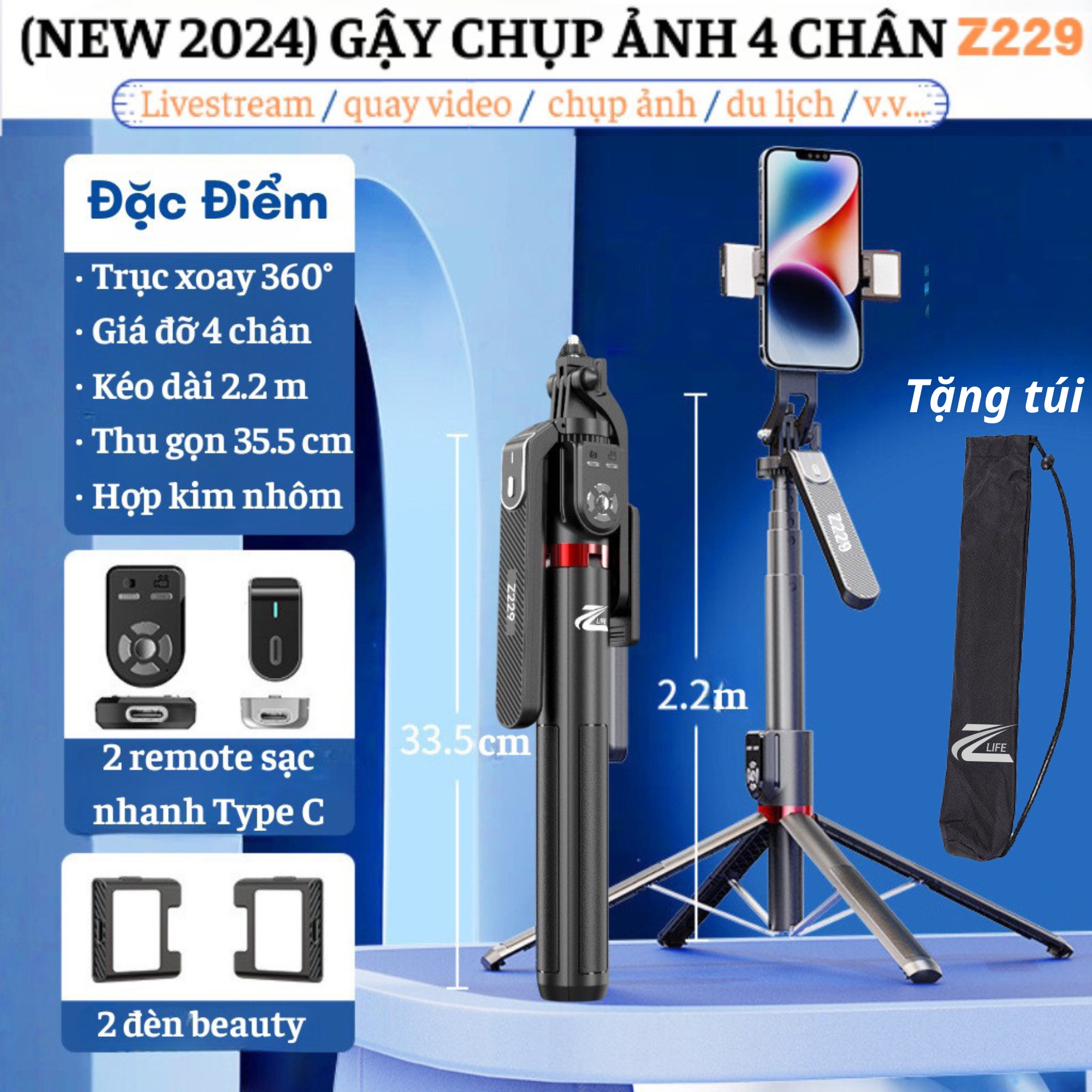 Cây Livestream điện thoại có đèn Z229 ZLIFE Gậy chụp ảnh, Quay TikTok ...