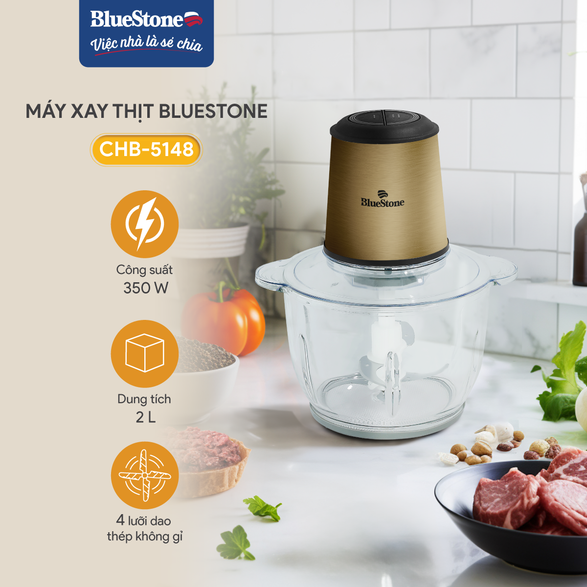 Mô tả Máy Xay Thịt BlueStone 2 Lưỡi Dao Kép CHB-5148 - 2 Lít - 350W - Cối thủy tinh - 1