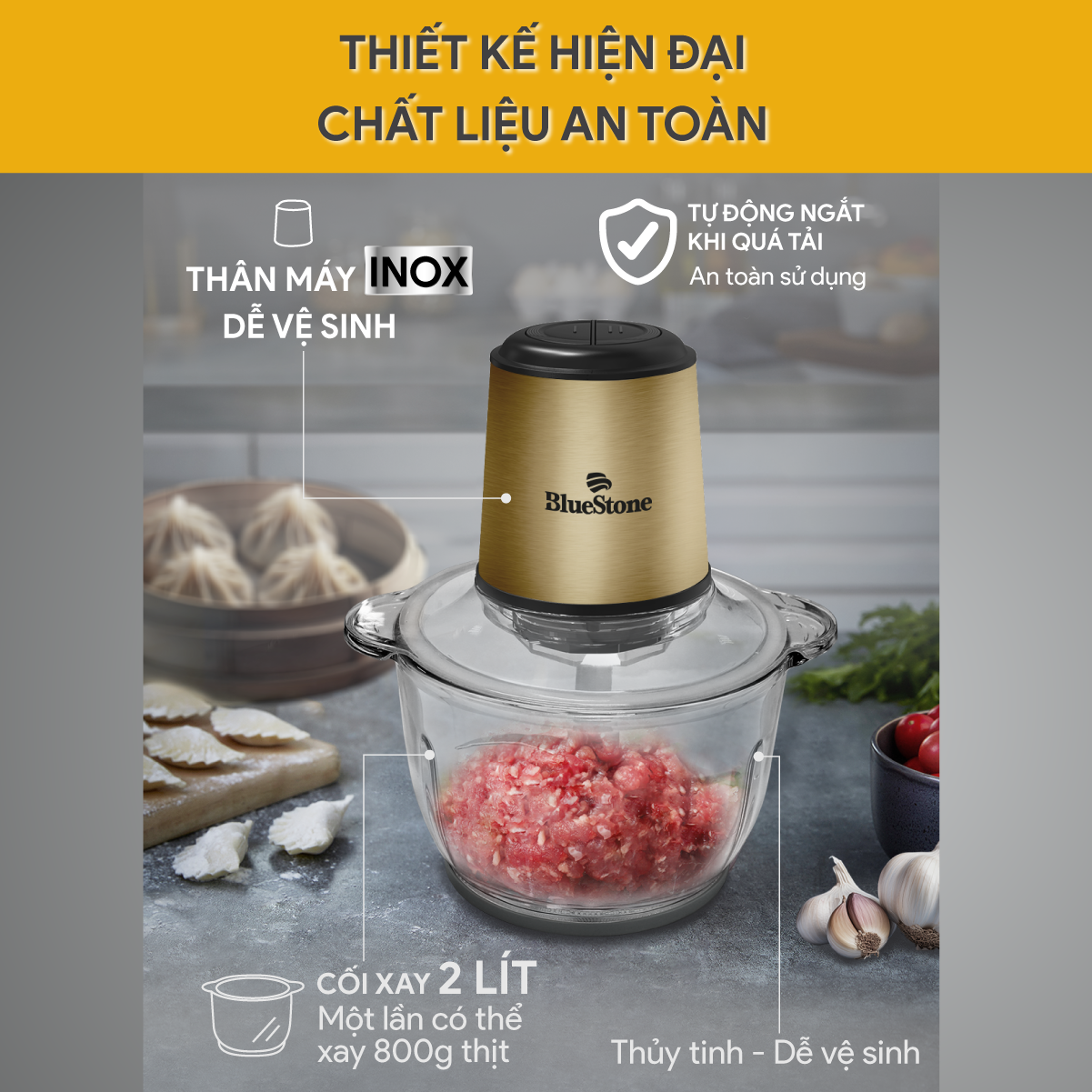 Mô tả Máy Xay Thịt BlueStone 2 Lưỡi Dao Kép CHB-5148 - 2 Lít - 350W - Cối thủy tinh - 4