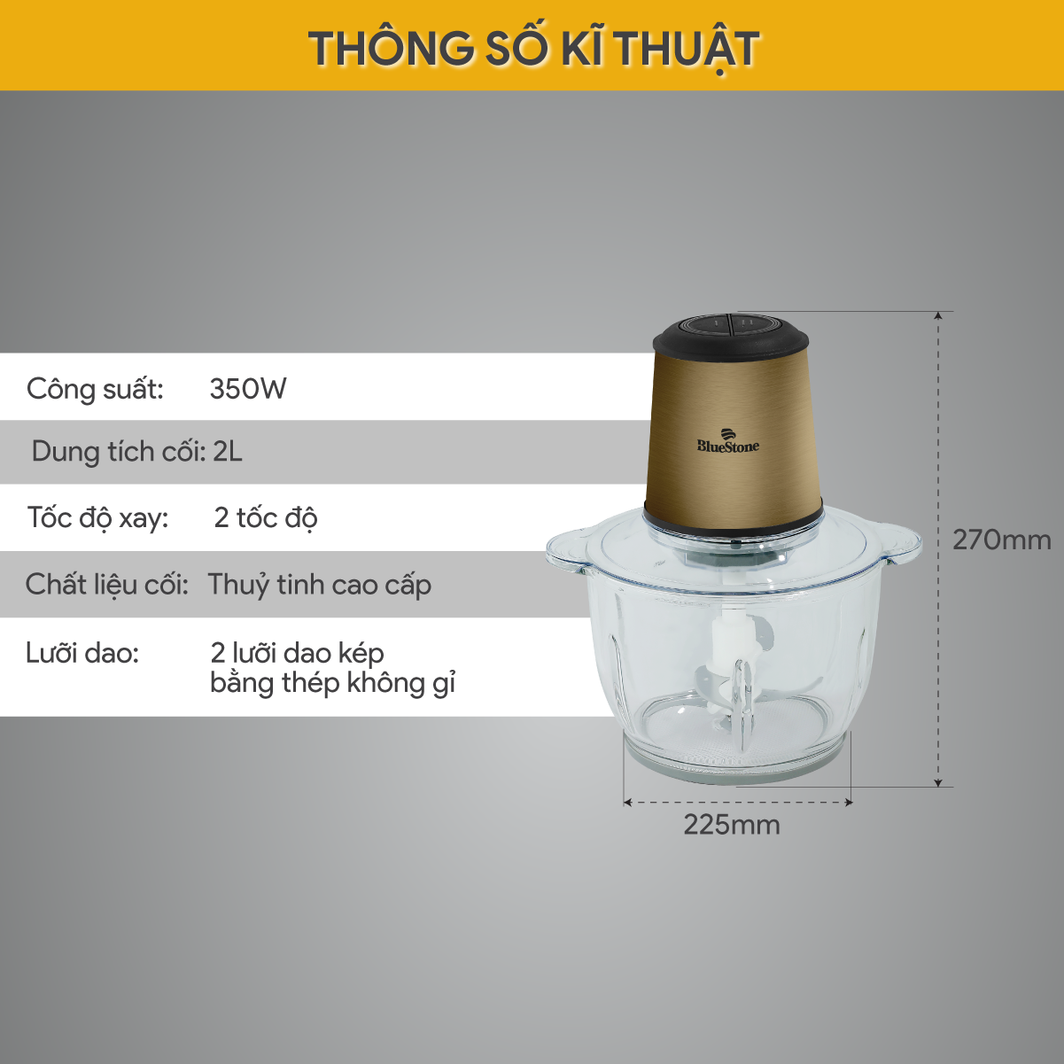 Mô tả Máy Xay Thịt BlueStone 2 Lưỡi Dao Kép CHB-5148 - 2 Lít - 350W - Cối thủy tinh - 7