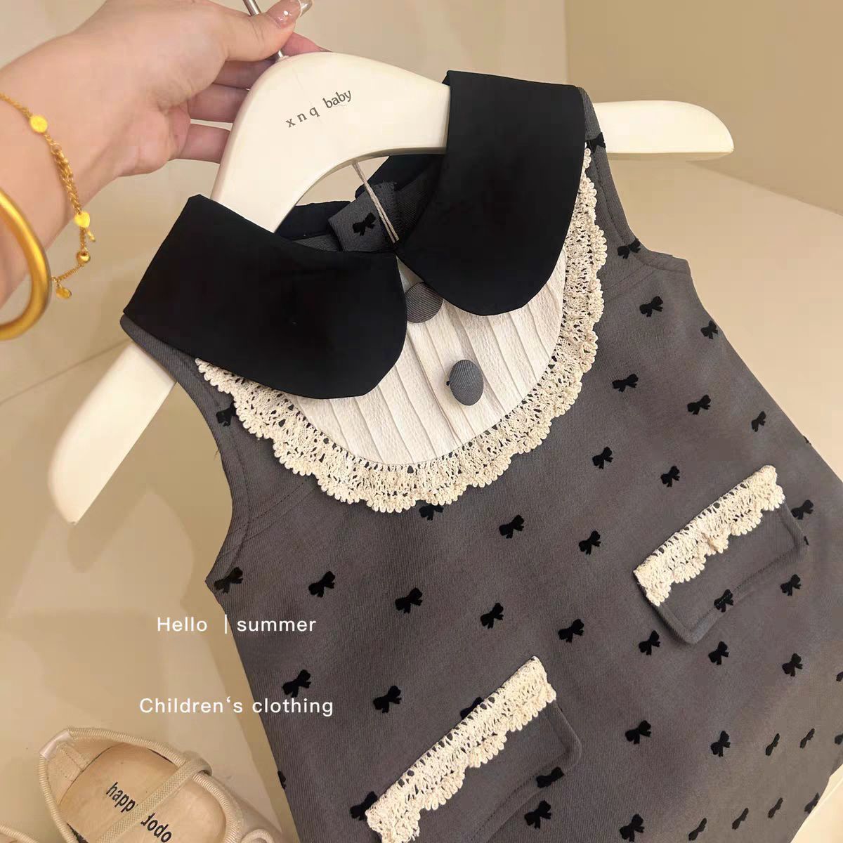 Mô tả Váy Sát Nách Họa Tiết Nơ Màu Xám Cho Bé Gái 1 2 3 4 5 Tuổi MINTSCLOSET Quảng Châu - GV0207 - 2