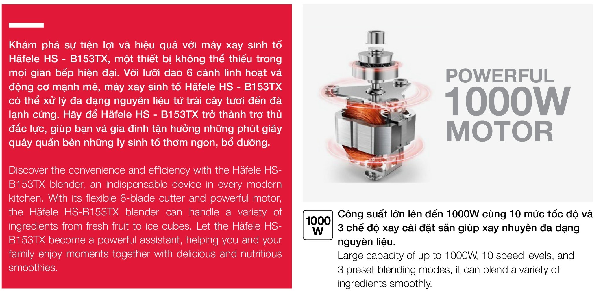 Mô tả Máy xay sinh tố Hafele HS-B1523TX - 535.43.292 - 2