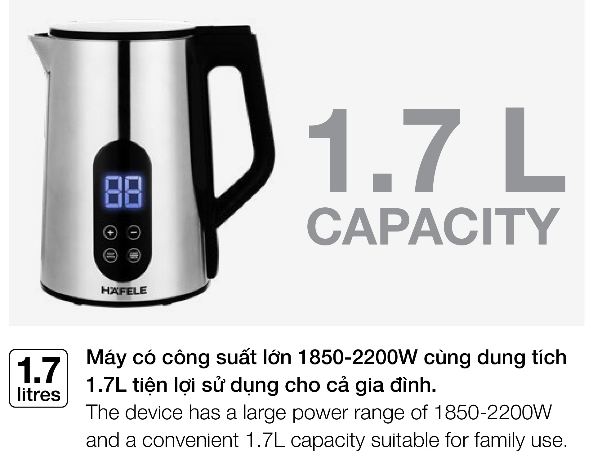 Mô tả Ấm Đun Nước Siêu Tốc Hafele HS-K1707DX - 535.44.170 - 1.7L - 2
