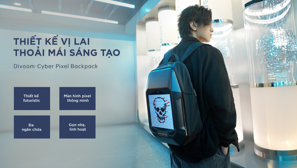 Mô tả Balo DIVOOM Cyberbag 64x64 pixel, màn hình LED hiển thị pixel art, ngăn chứa Laptop 15.6inch kháng nước và chống va đập - 1