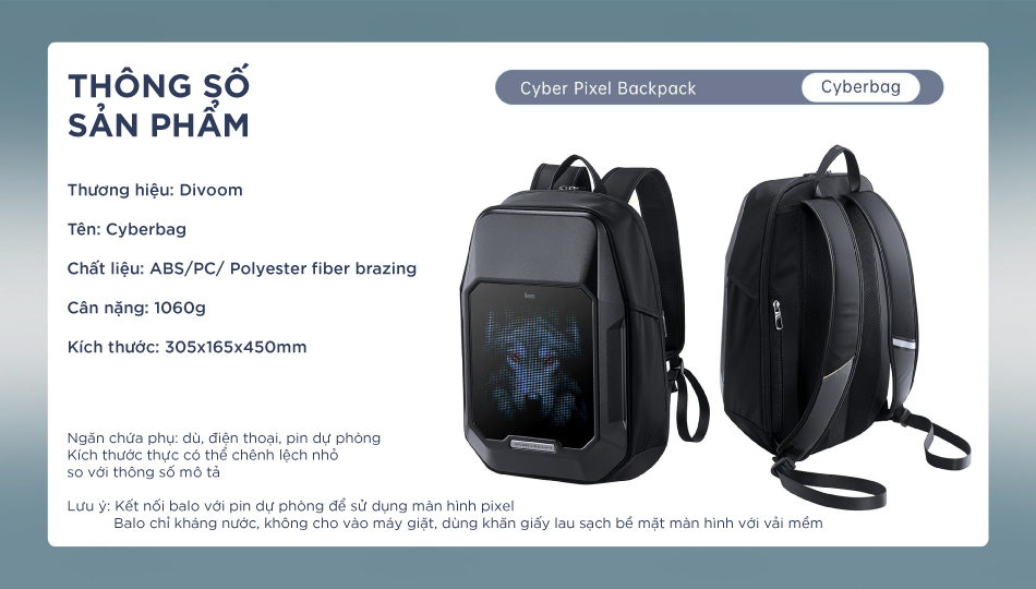 Mô tả Balo DIVOOM Cyberbag 64x64 pixel, màn hình LED hiển thị pixel art, ngăn chứa Laptop 15.6inch kháng nước và chống va đập - 8