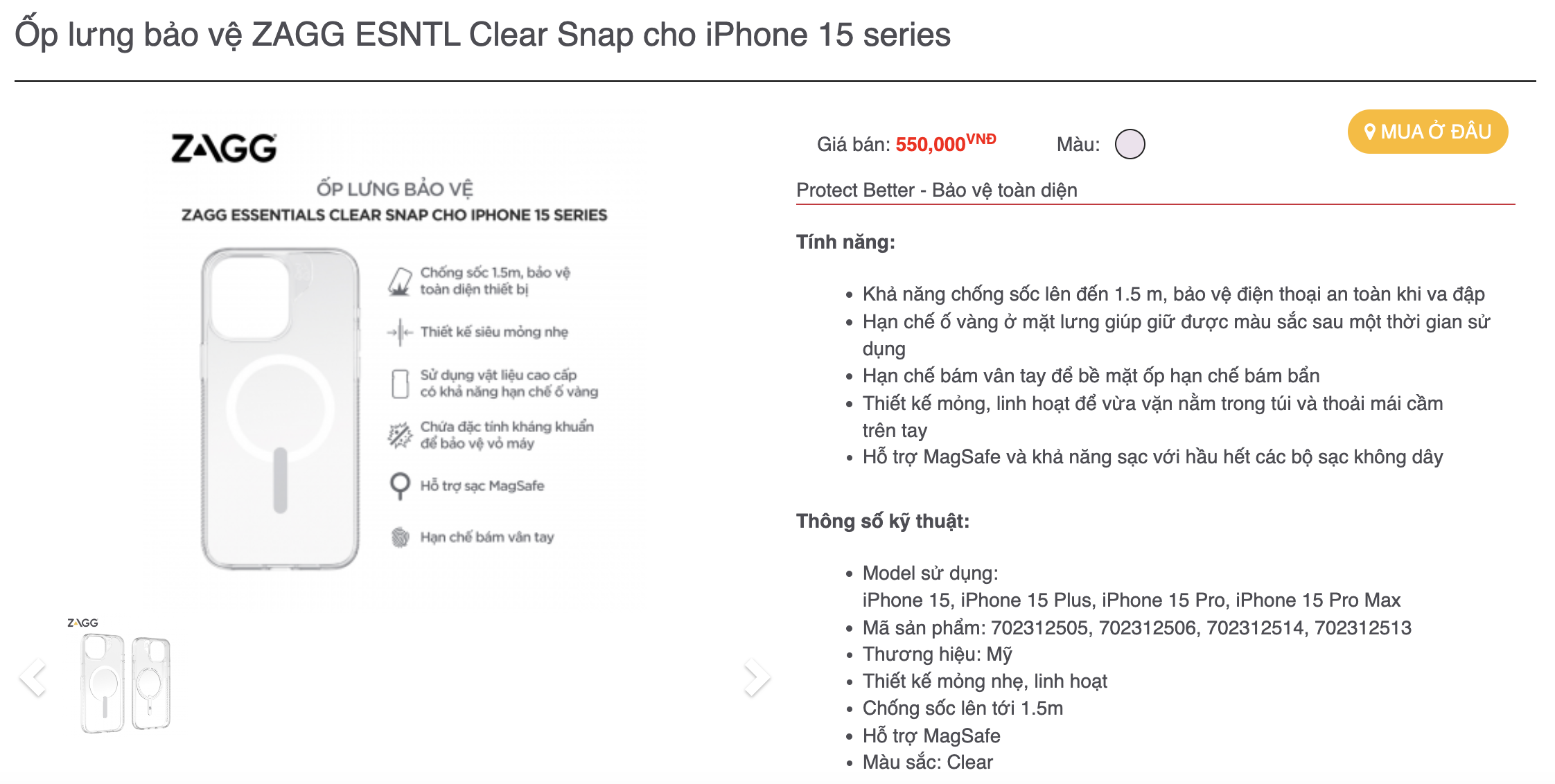 Mô tả Ốp lưng trong ZAGG Clear / Clear Magsafe / Smoky Magsafe chống sốc 1.5m - 2