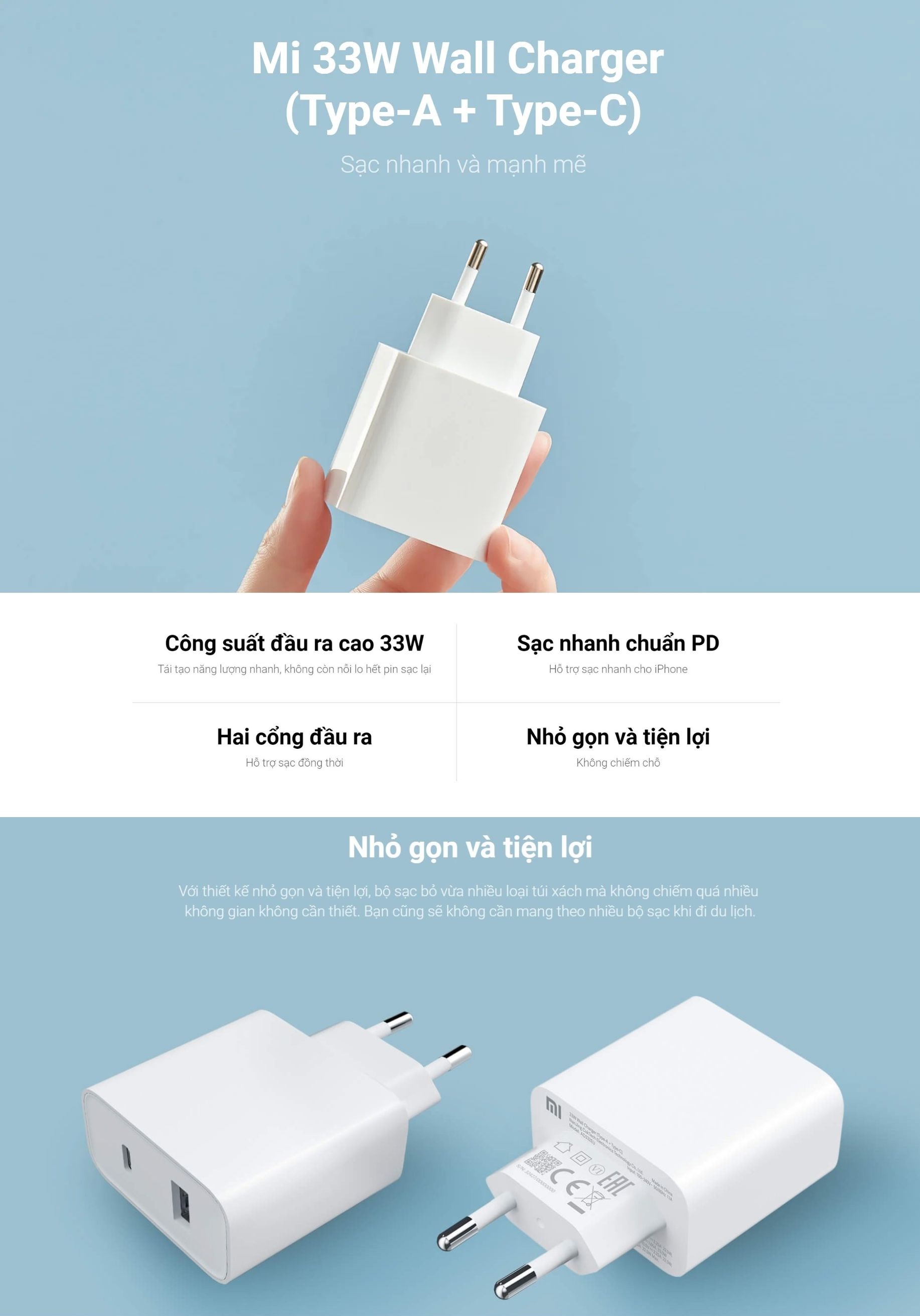 Mô tả Củ Sạc Nhanh Xiaomi Mi 33W Wall Charger (Type A + Type C) EU - Bảo Hàng 12 Tháng - 1