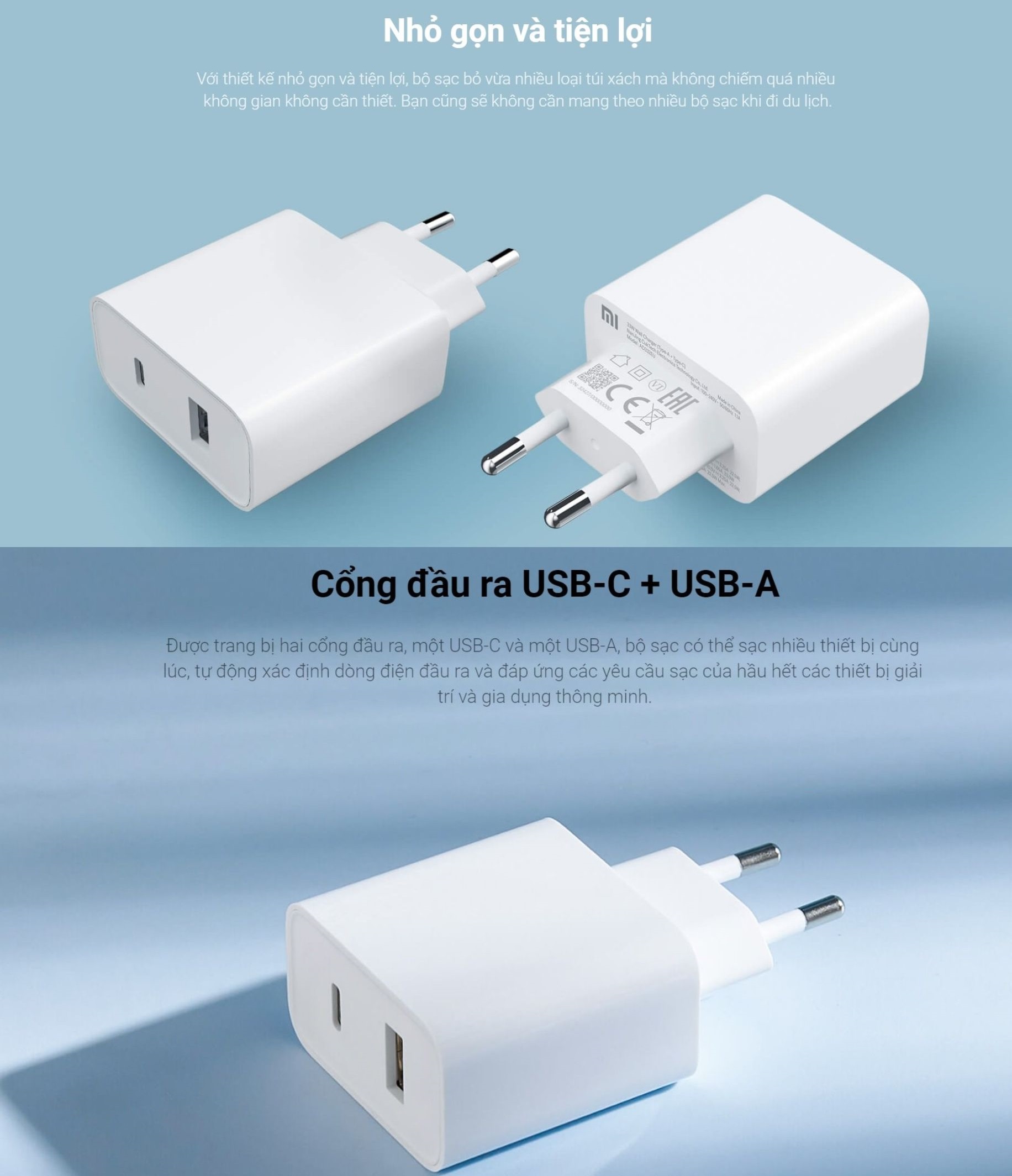 Mô tả Củ Sạc Nhanh Xiaomi Mi 33W Wall Charger (Type A + Type C) EU - Bảo Hàng 12 Tháng - 2