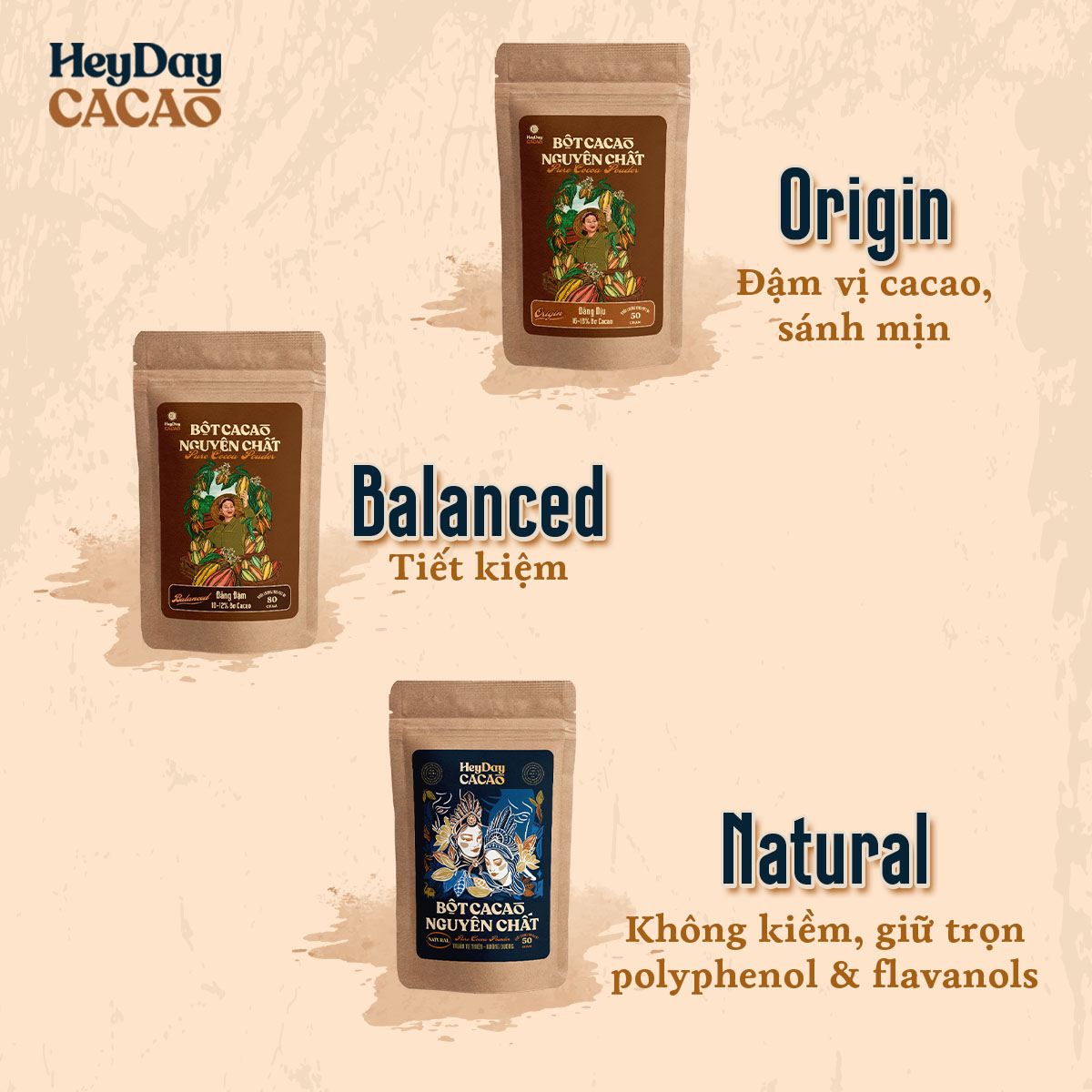 Mô tả Bột cacao nguyên chất Việt Nam 100% không đường Heyday - Dòng Origin thượng hạng - Túi giấy zip 50g - 1