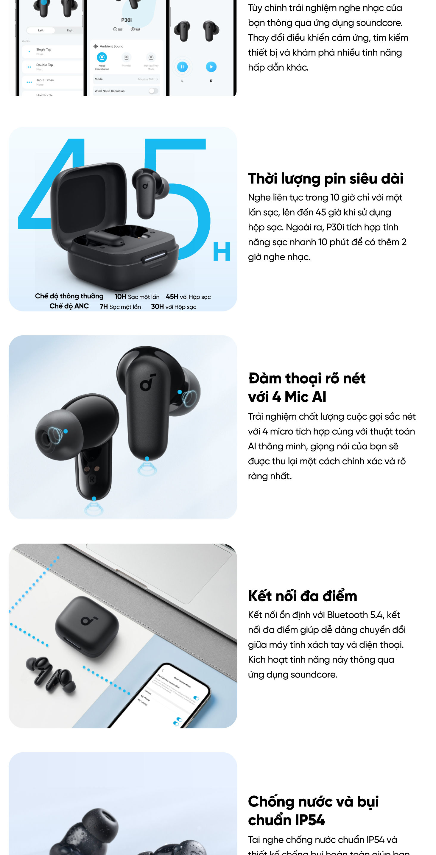 Mô tả Tai nghe bluetooth soundcore R50iNC (P30i) chống ồn ANC | Chống nước và bụi IP54 | 40 giờ phát nhạc - 4