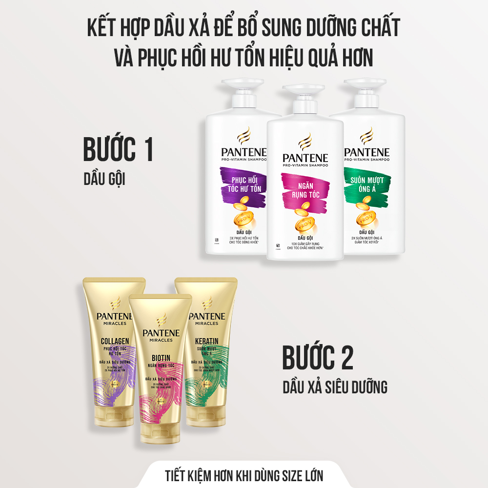 Mô tả Combo Dầu Gội PANTENE Pro-V Và Dầu Xả Siêu Dưỡng Ngăn Rụng Tóc/ Phục Hồi Hư Tổn/ Suôn Mượt Óng Ả - Chai 650ML & 150ML - 6