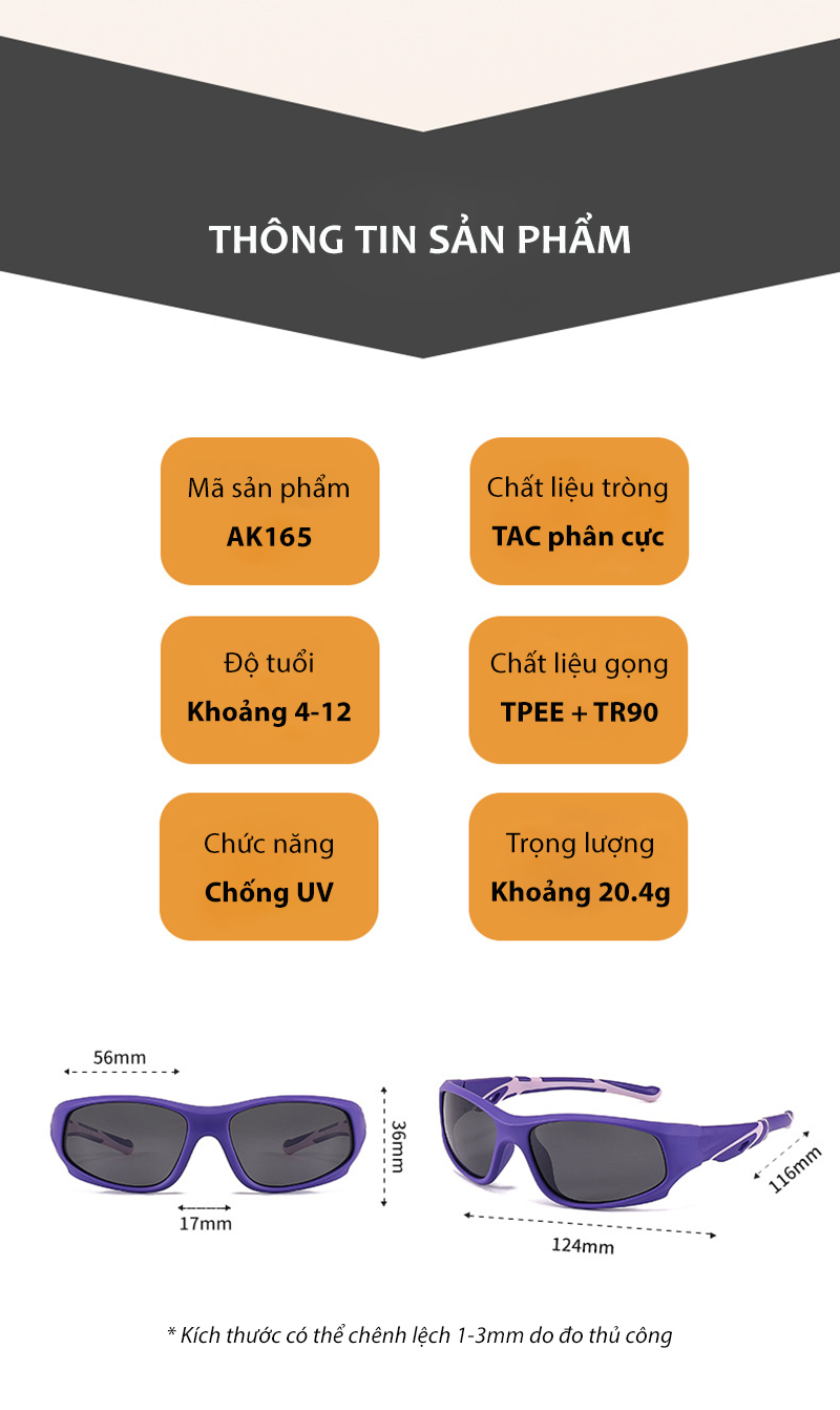 Mô tả Kính Mát Cho Bé Từ 4-12 Tuổi AORON Gọng Dẻo Chống Tia Cực Tím Đi Biển Đi Chơi Chống Nắng Bảo Vệ Mắt Bé Trai Bé Gái AK165 - 10