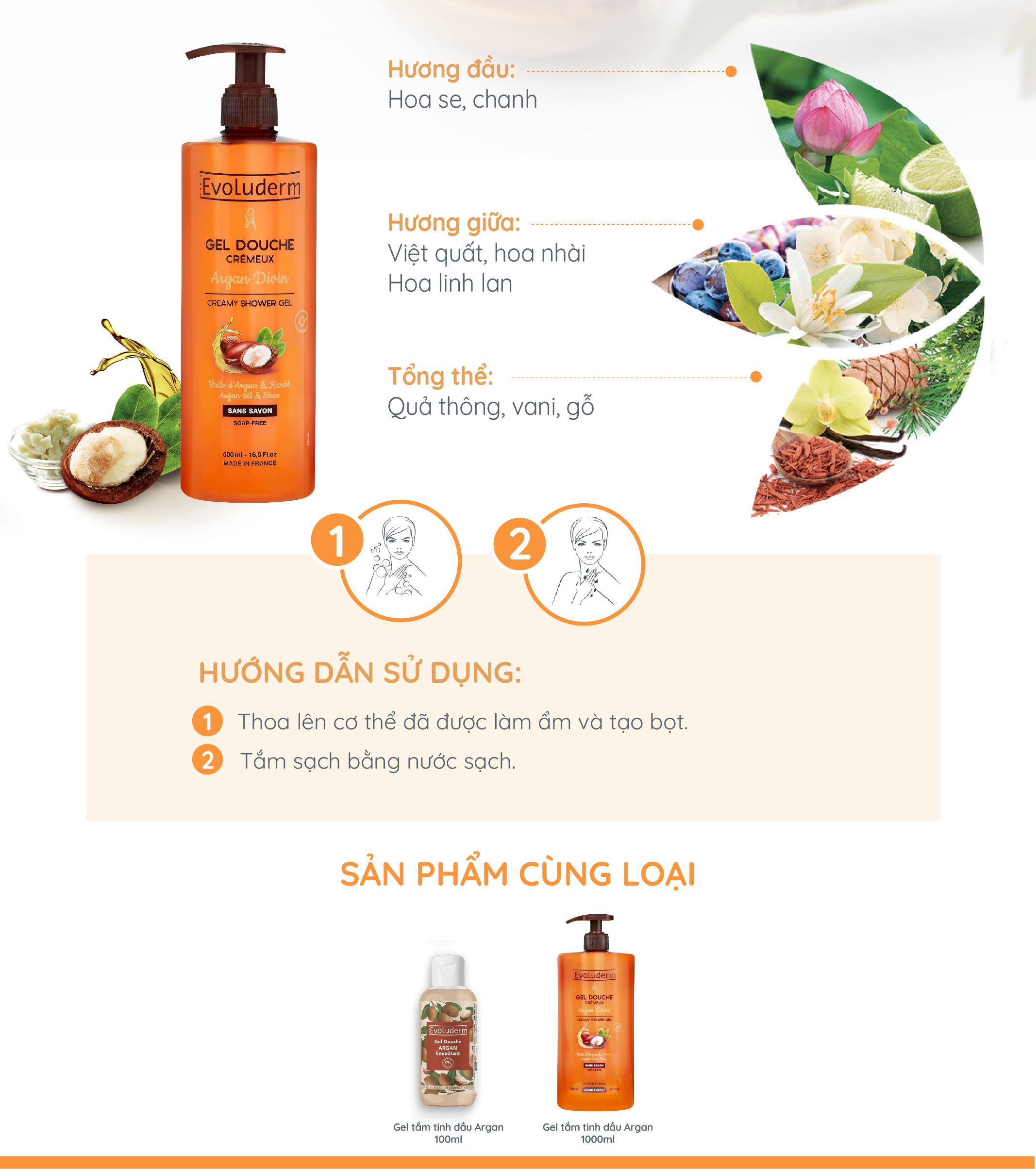 Mô tả Gel tắm dưỡng dịu nhẹ cho da Evoluderm tinh chất Argan và Bơ Hạt Mỡ 500ml - 3