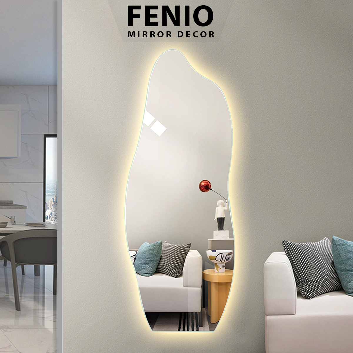 Mô tả Gương hình hạt đậu lượn sóng nghệ thuật FENIO Gương toàn thân có đèn led cảm ứng - 1