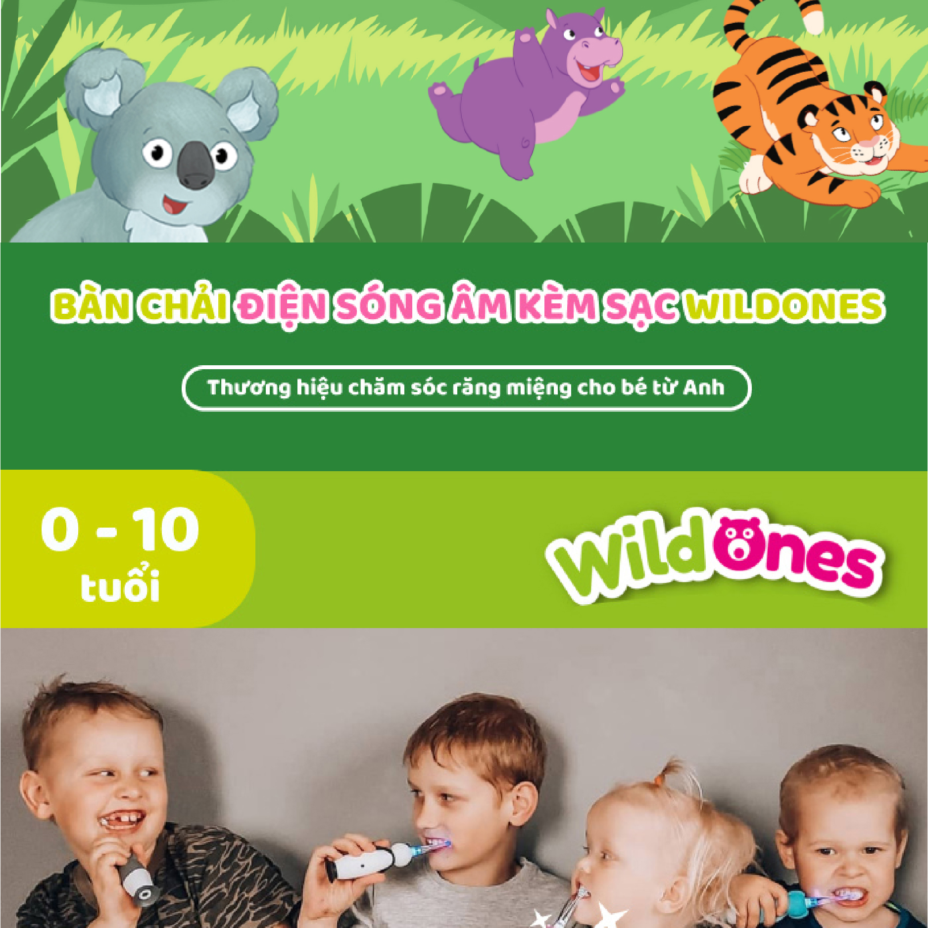 Mô tả Brush-Baby Bàn chải điện sóng âm WildOnes kèm sạc, 2 chế độ làm sạch răng an toàn và hiệu quả cho bé (0 - 10 tuổi) - 1