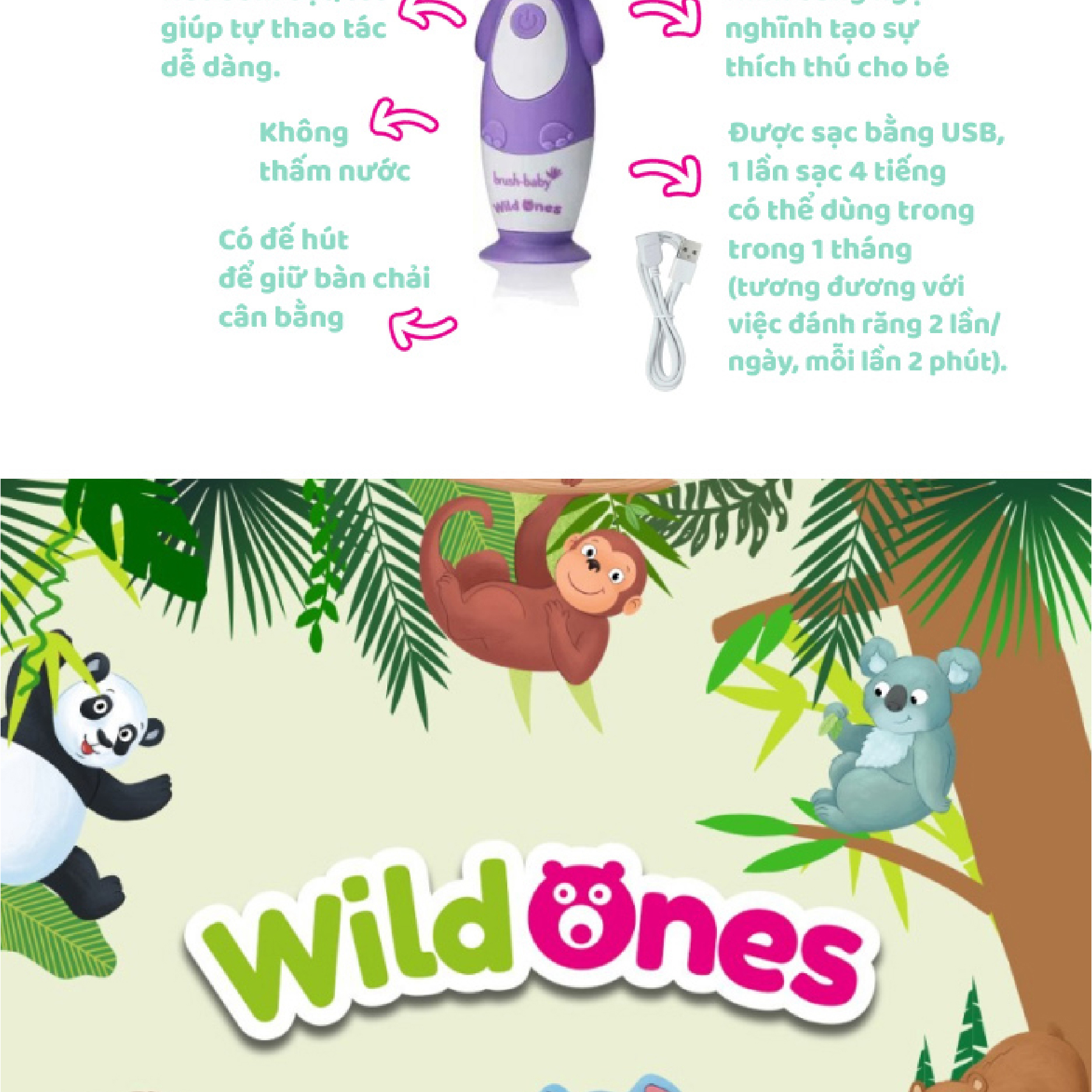 Mô tả Brush-Baby Bàn chải điện sóng âm WildOnes kèm sạc, 2 chế độ làm sạch răng an toàn và hiệu quả cho bé (0 - 10 tuổi) - 3