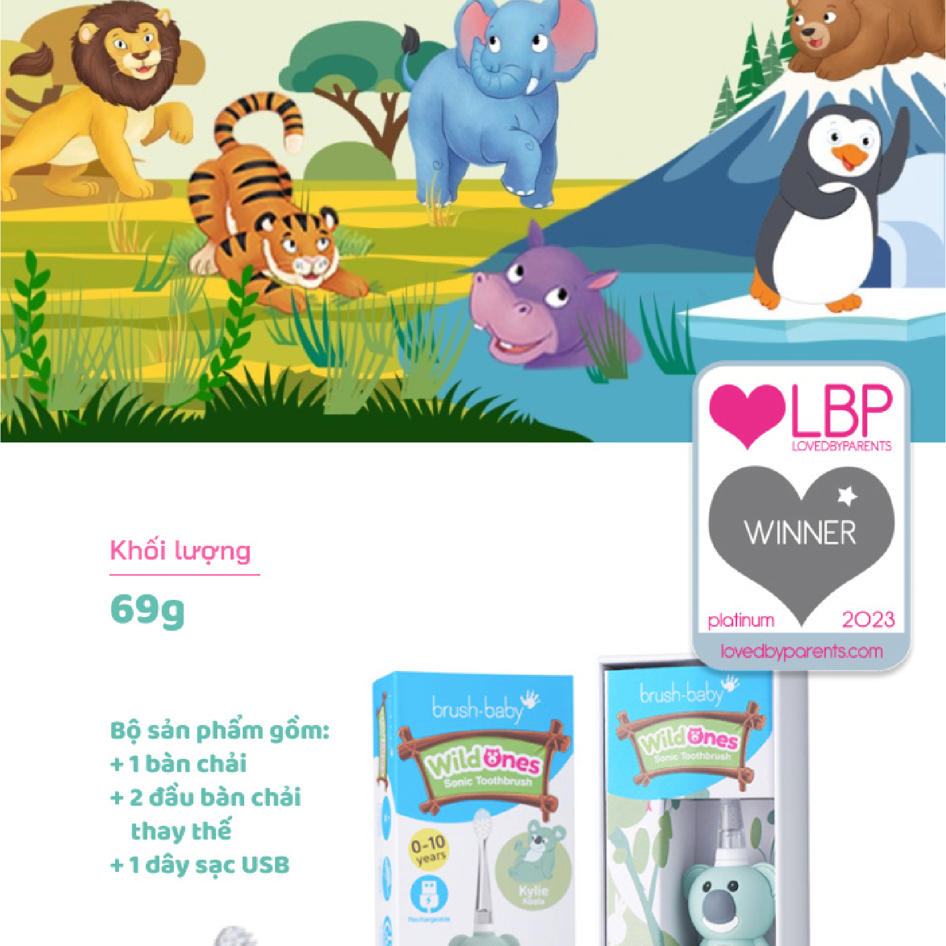 Mô tả Brush-Baby Bàn chải điện sóng âm WildOnes kèm sạc, 2 chế độ làm sạch răng an toàn và hiệu quả cho bé (0 - 10 tuổi) - 4