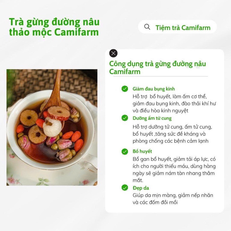 Mô tả Trà gừng đường nâu thảo mộc Camifarm, bổ máu, giữ ấm cơ thể, đẹp da, giảm đau bụng kinh, tăng huyết áp - 2