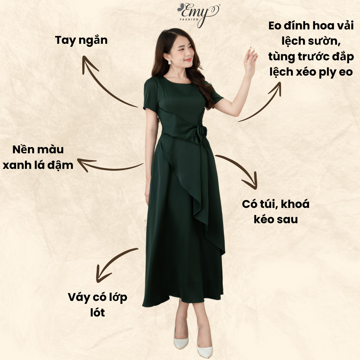 Mô tả Đầm Dự Tiệc EMY Thiết Kế Cao Cấp Trung Niên EM7520 Dáng Xoè Cổ Tròn Tay Ngắn Màu Đen Vải Mango Gân - 3