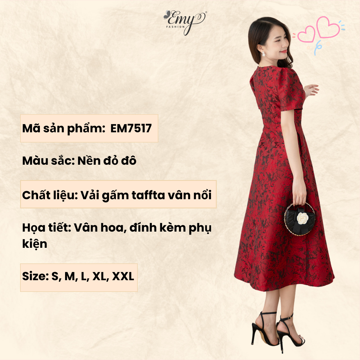 Mô tả Đầm Công Sở EMY Cao Cấp Thanh Lịch EM7517 Dáng Xòe Cổ Tròn Sang Trọng, Dự Tiệc Vải Gấm Taffta Đỏ Đô - 1