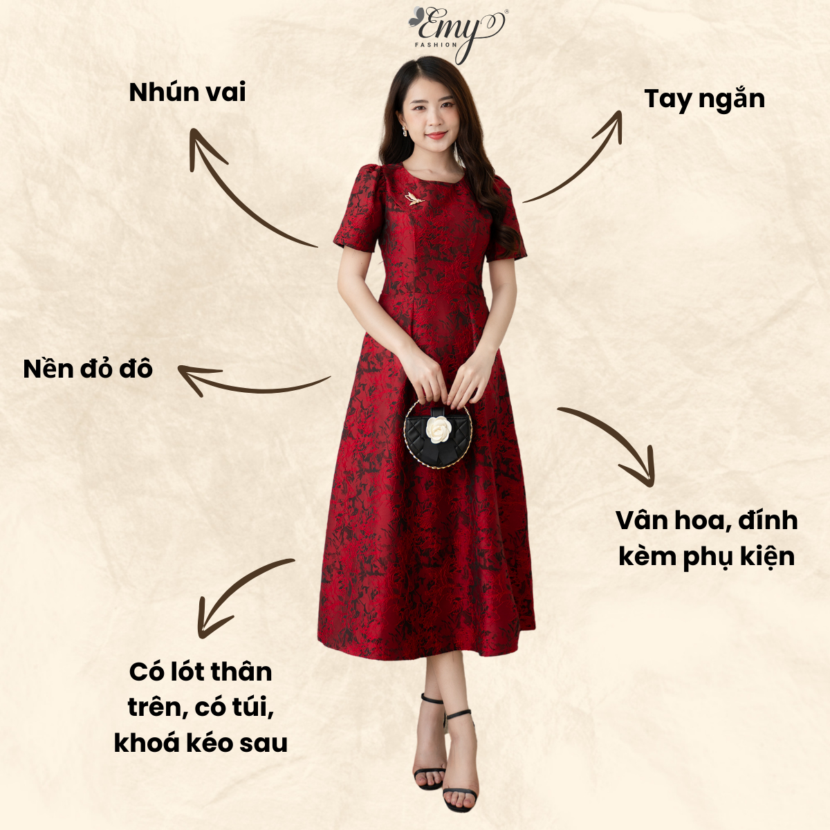 Mô tả Đầm Công Sở EMY Cao Cấp Thanh Lịch EM7517 Dáng Xòe Cổ Tròn Sang Trọng, Dự Tiệc Vải Gấm Taffta Đỏ Đô - 4