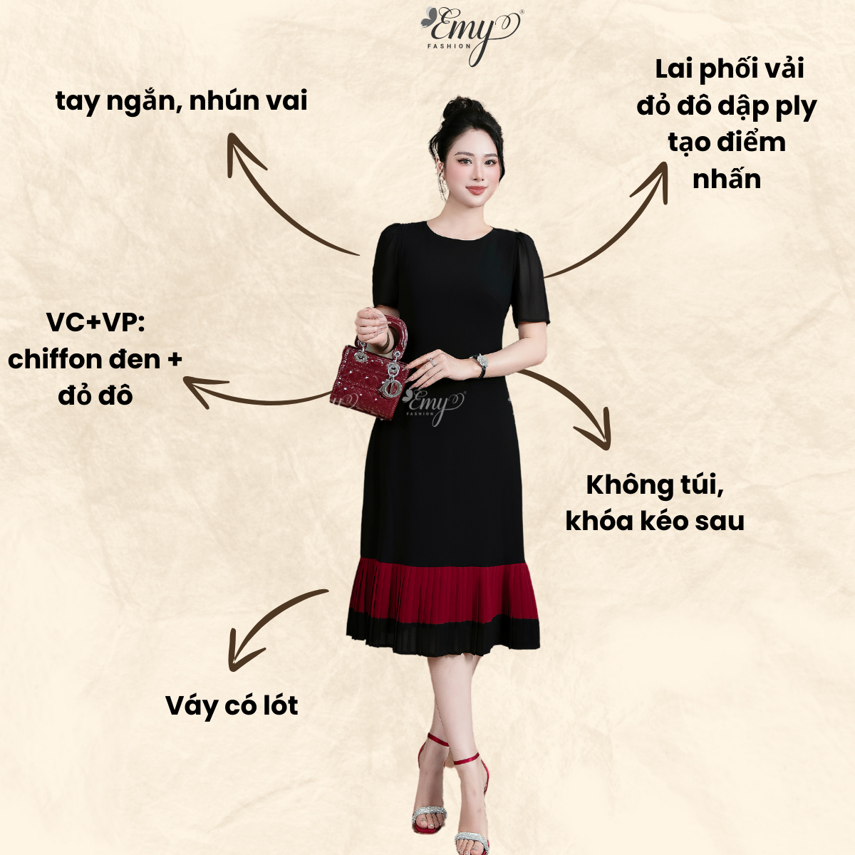 Mô tả Đầm Dự Tiệc EMY Thời Trang Nữ Trung Niên Cao Cấp EM7522 Tay Ngắn Dáng Suông Xòe Cổ Tròn Sang Trọng - 3