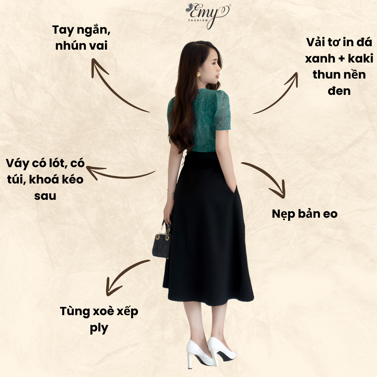 Mô tả Đầm Công Sở EMY Cao Cấp EM9436 Dáng Xoè Sang Trọng, Thiết Kế Dự Tiệc Cổ Lục Giác Vải Tơ Kaki Xếp Ply Phối Đen Xanh - 3