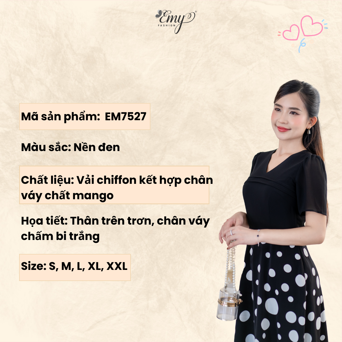 Mô tả Đầm Thiết Kế EMY Cao Cấp Thanh Lịch Sang Trọng EM7527 Dáng Xoè Công Sở Chấm Bi Trắng Cổ Chữ V Có Túi - 1