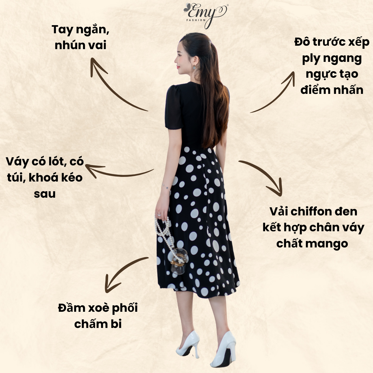 Mô tả Đầm Thiết Kế EMY Cao Cấp Thanh Lịch Sang Trọng EM7527 Dáng Xoè Công Sở Chấm Bi Trắng Cổ Chữ V Có Túi - 3