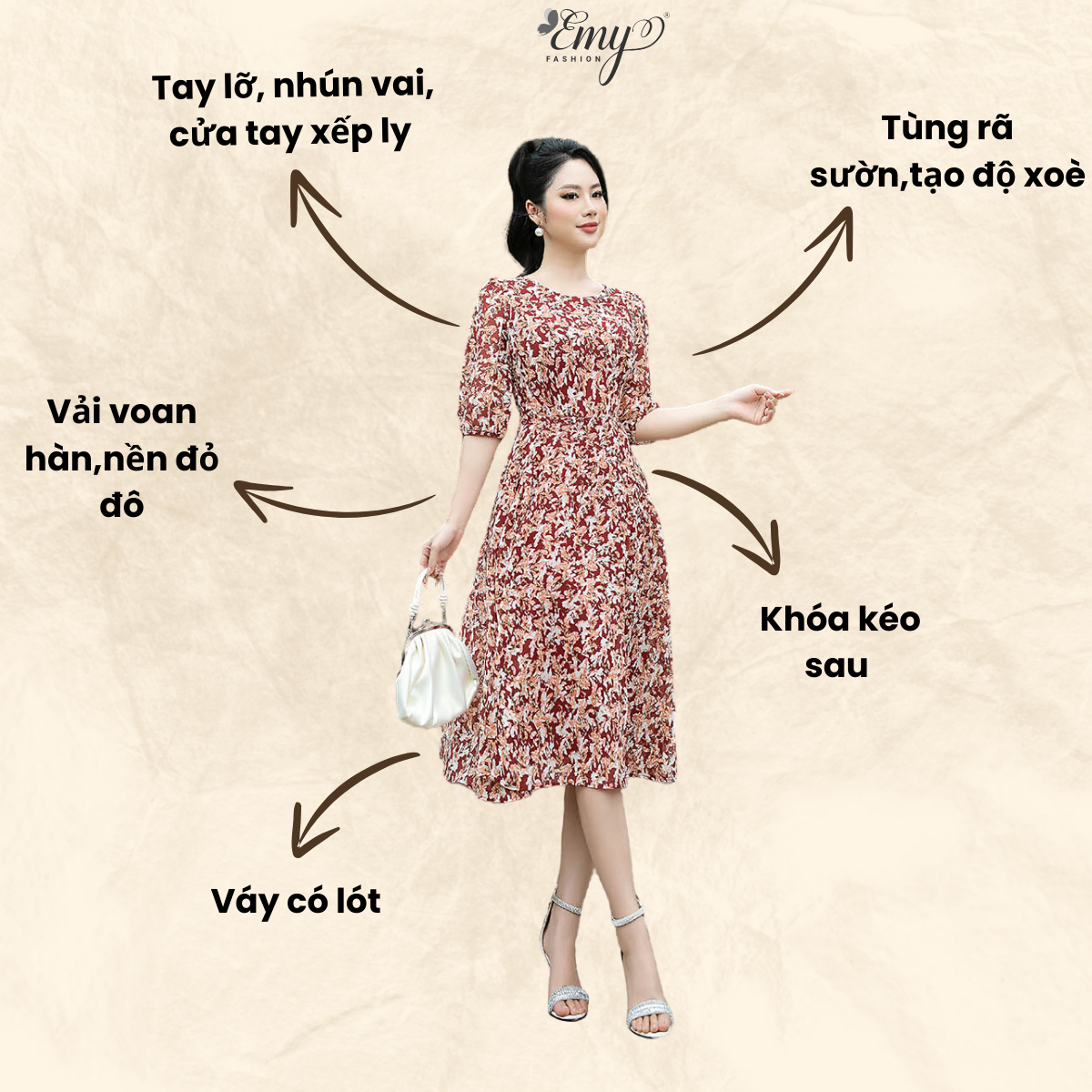 Mô tả Đầm Thiết Kế EMY Thời Trang Cao Cấp Thanh Lịch EM7276 Dáng Xoè Cổ Tròn Tay Lỡ, Công Sở, Dự Tiệc - 4