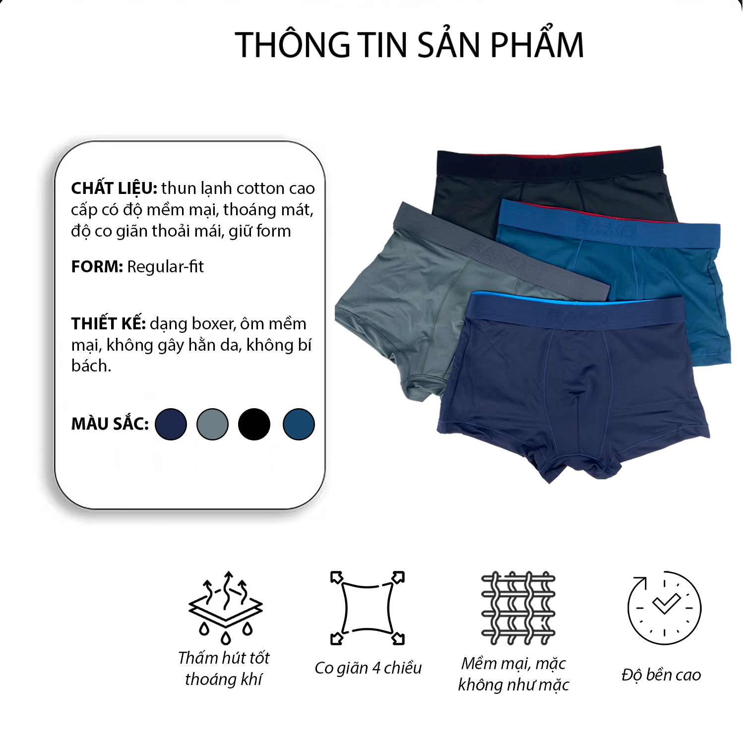 Mô tả Combo 5 quần lót nam đùi boxer RANO vải thun lạnh mềm mại cao cấp co dãn 4 chiều thoáng khí cạp lưng to 3.5cm - 2