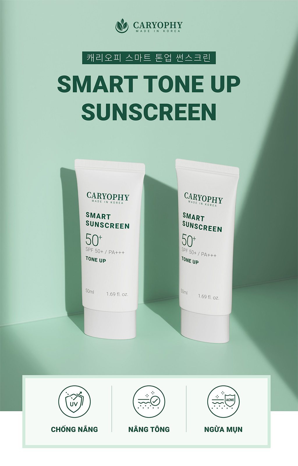Mô tả Kem chống nắng Caryophy Sunscreen Tone Up Hàn Quốc SPF50+/PA+++ nâng tone ngừa mụn kiềm dầu 50ML - 1