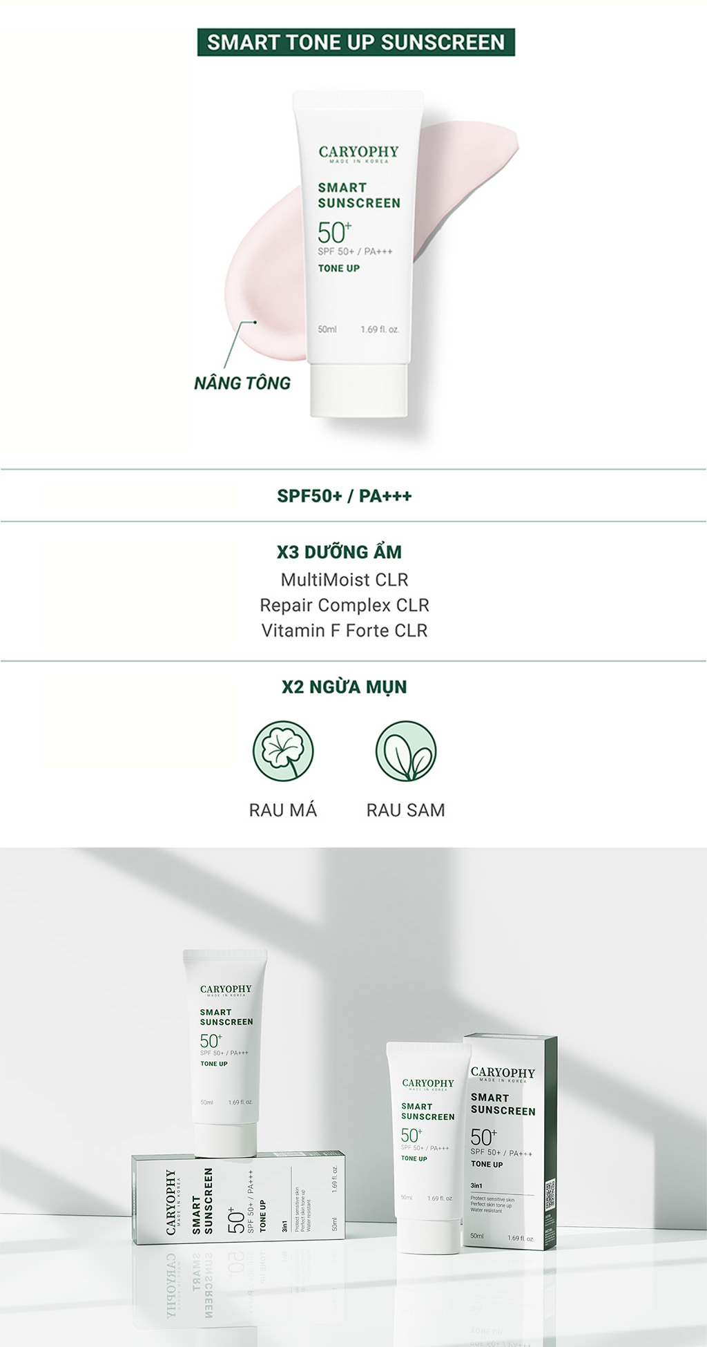 Mô tả Kem chống nắng Caryophy Sunscreen Tone Up Hàn Quốc SPF50+/PA+++ nâng tone ngừa mụn kiềm dầu 50ML - 7