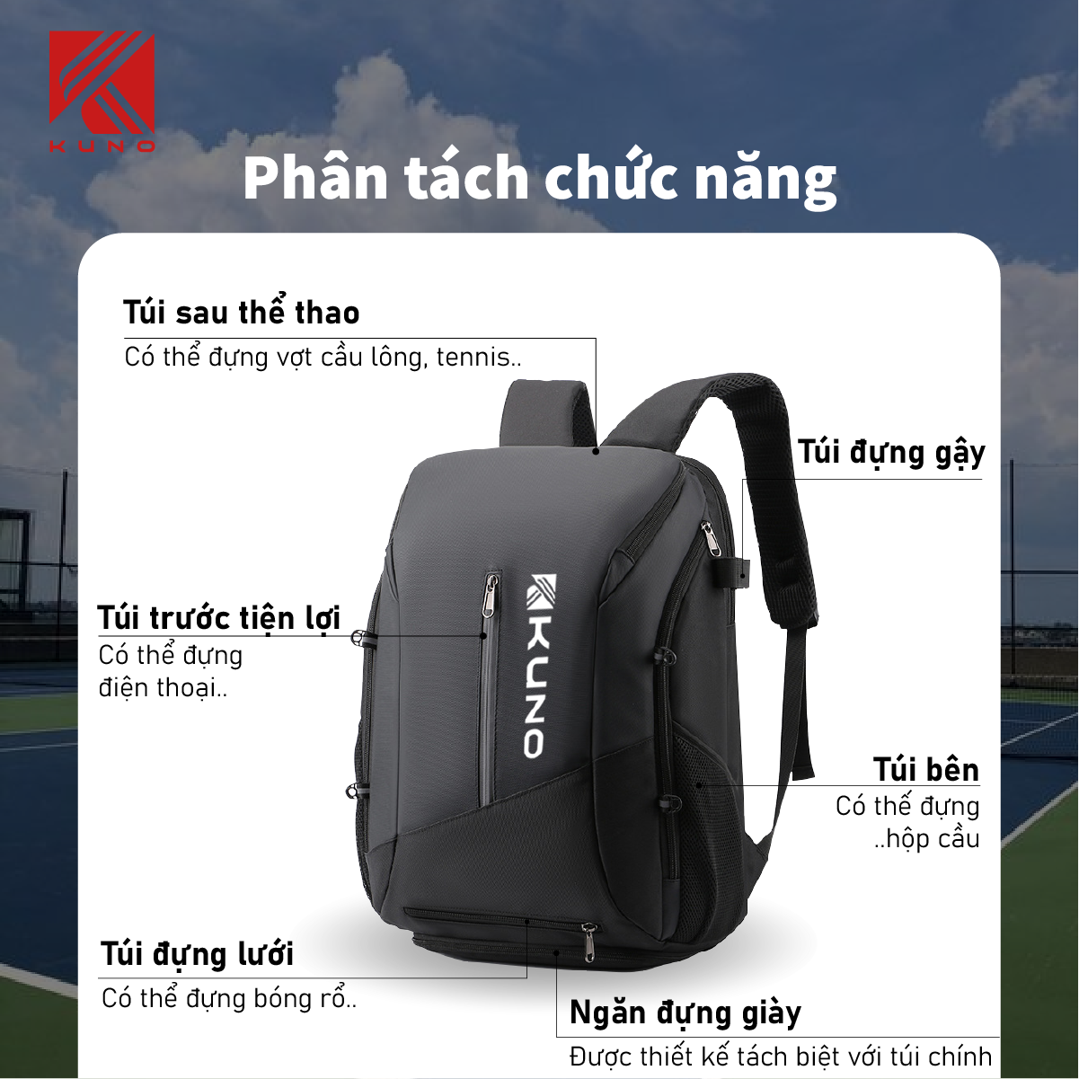 Mô tả Balo thể thao Kuno cải tiến mới, sử dụng thể thao cầu lông, tennis, bóng rổ, thời trang đa năng chống thấm nước - BN03 - 2