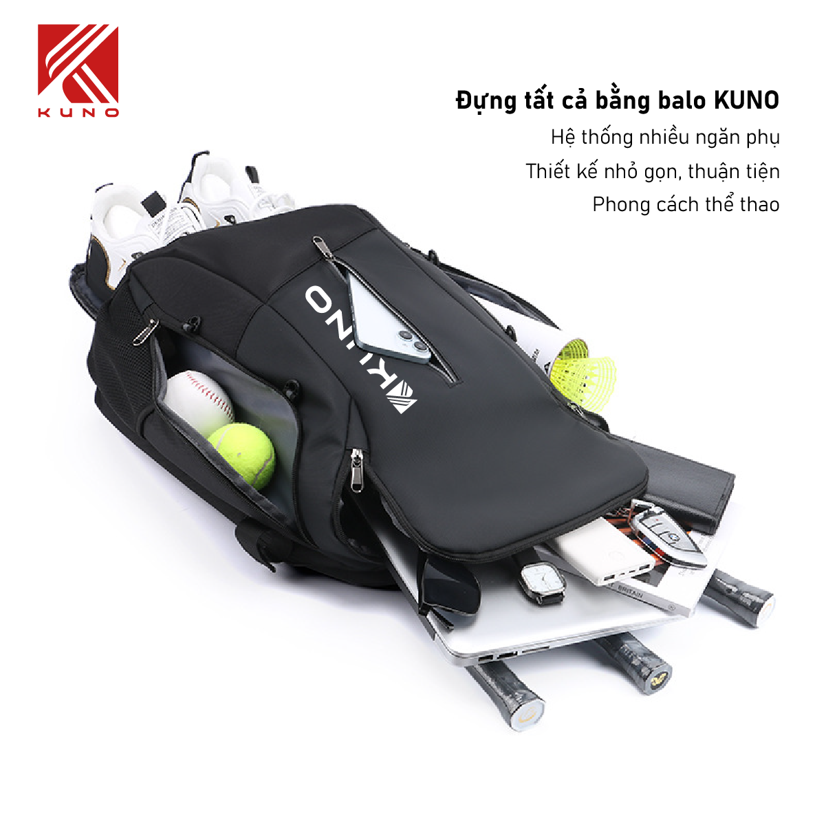 Mô tả Balo thể thao Kuno cải tiến mới, sử dụng thể thao cầu lông, tennis, bóng rổ, thời trang đa năng chống thấm nước - BN03 - 1