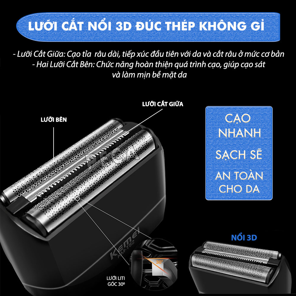 Mô tả Máy cạo râu mini lưỡi kép Kemei KM-T82 màn hình LCD, công suất 5w mạnh mẽ cảm biến râu thông minh - Hàng chính hãng - 6