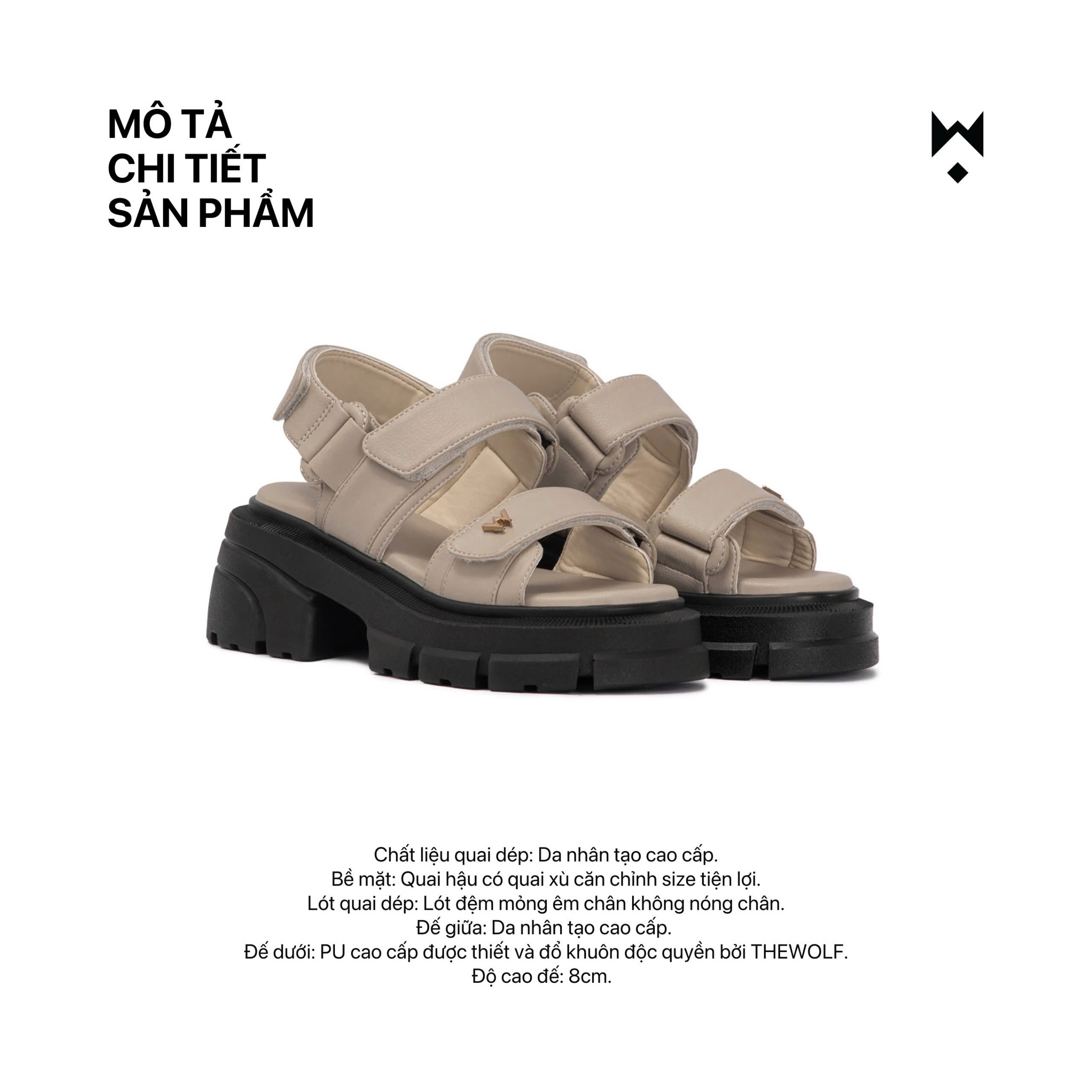 Mô tả THEWOLF Giày Tăng Chiều Cao Sandal NamNữ THEWOLF ESSENTIAL HIGH SANDAL Đế Cao Lót Êm Ái Quai Dán-Đen Kem Beige Nâu Bạc - 6