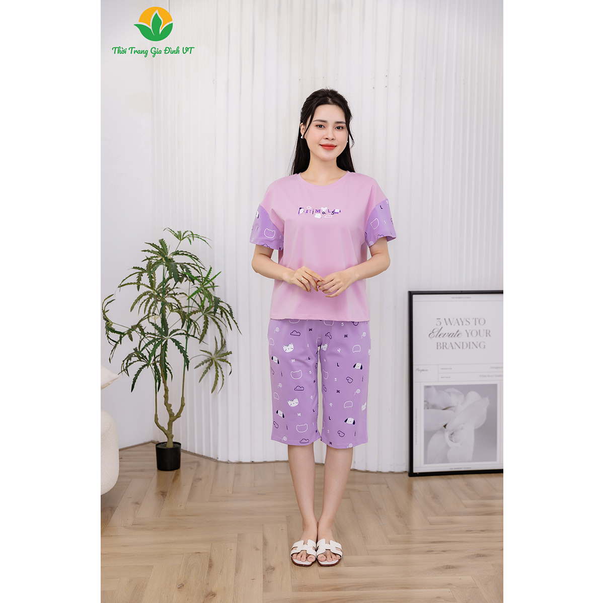 Mô tả Bộ đồ mặc nhà nữ chất Cotton dệt kim thời trang Việt Thắng,quần lửng, áo cộc tay - B46.2415 - 3