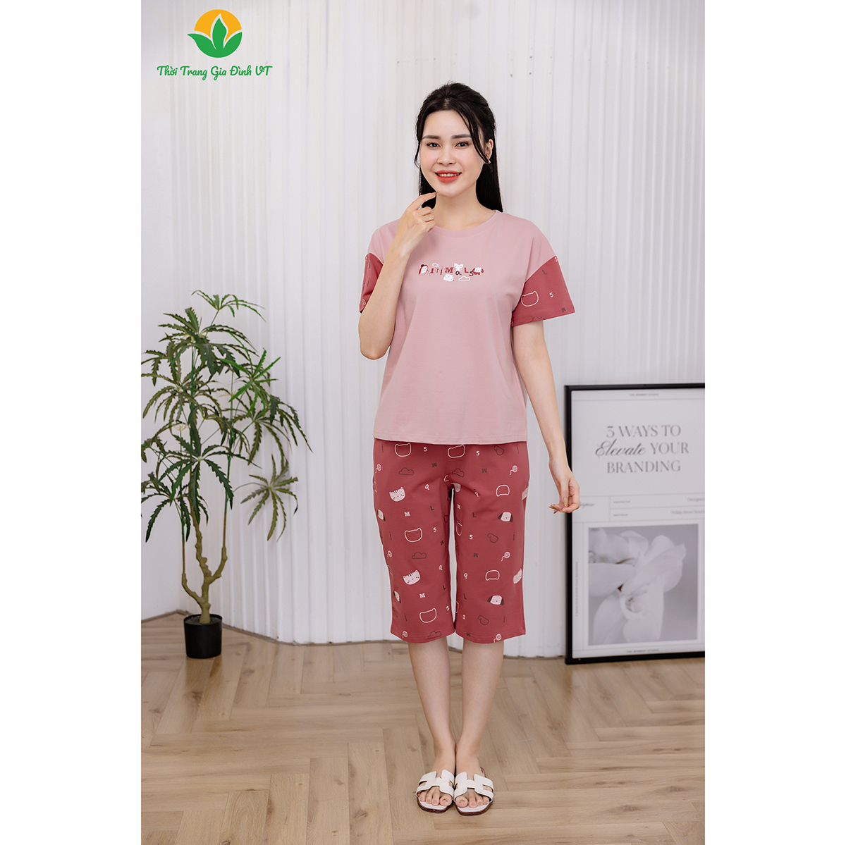 Mô tả Bộ đồ mặc nhà nữ chất Cotton dệt kim thời trang Việt Thắng,quần lửng, áo cộc tay - B46.2415 - 4