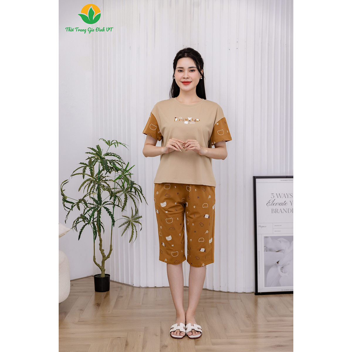 Mô tả Bộ đồ mặc nhà nữ chất Cotton dệt kim thời trang Việt Thắng,quần lửng, áo cộc tay - B46.2415 - 5