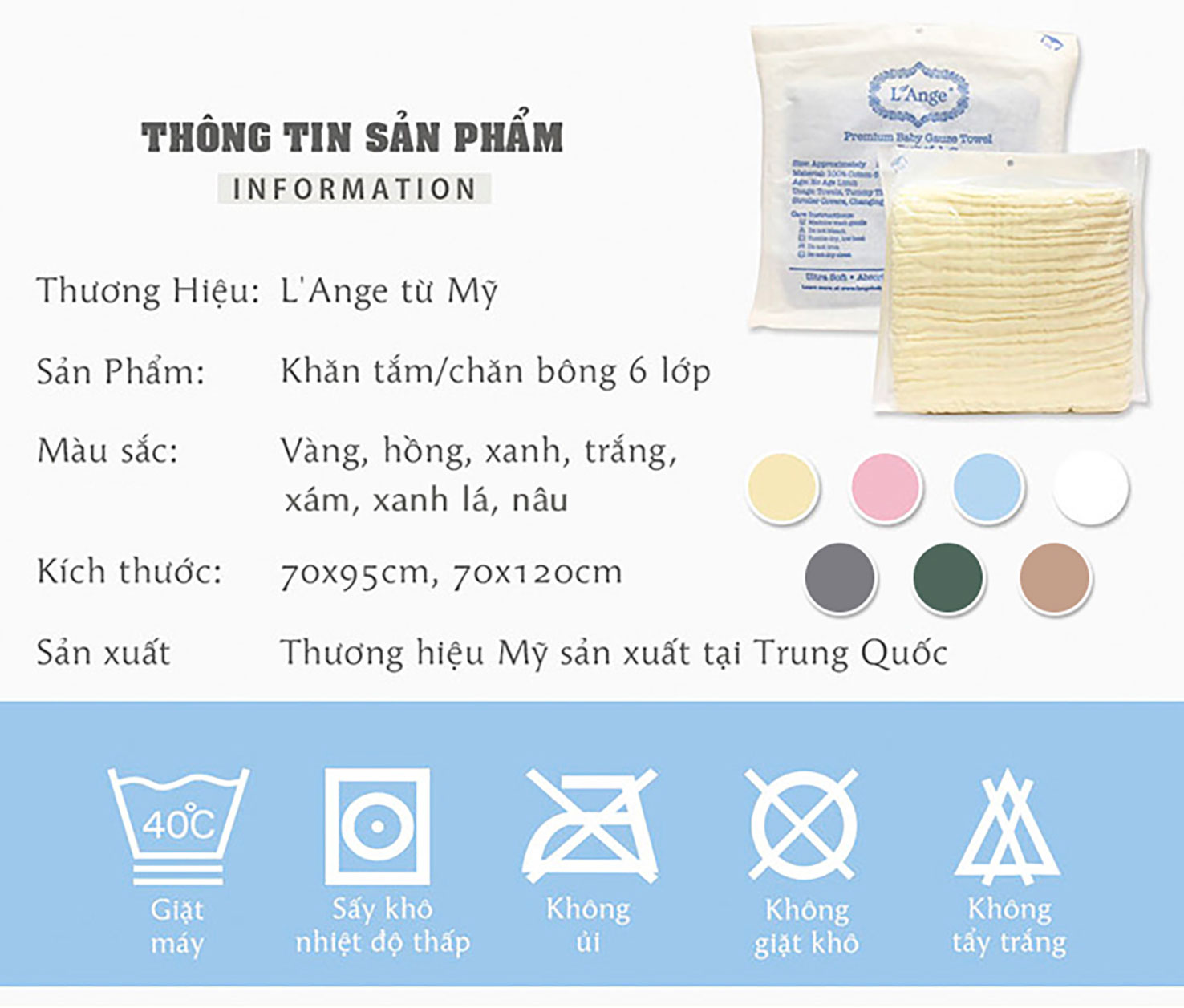 Mô tả L’Ange Khăn tắm/Khăn quấn/Chăn đắp vải bông 6 lớp 70x95cm - 6