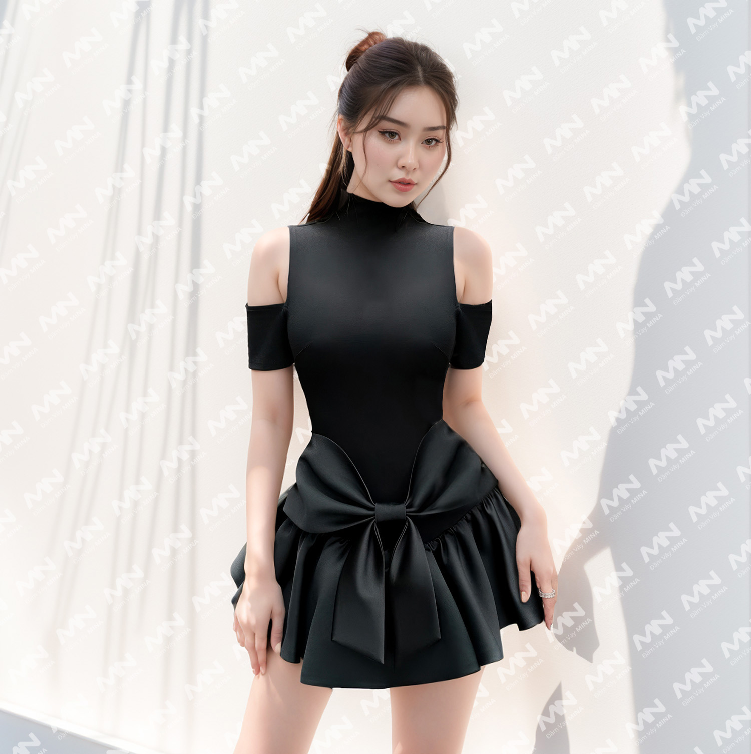 Mô tả Đầm dự tiệc Mina dáng xoè mini chất Cotton Nhật phối Taffta lụa màu đen trẻ trung xinh đẹp MN255 - 1