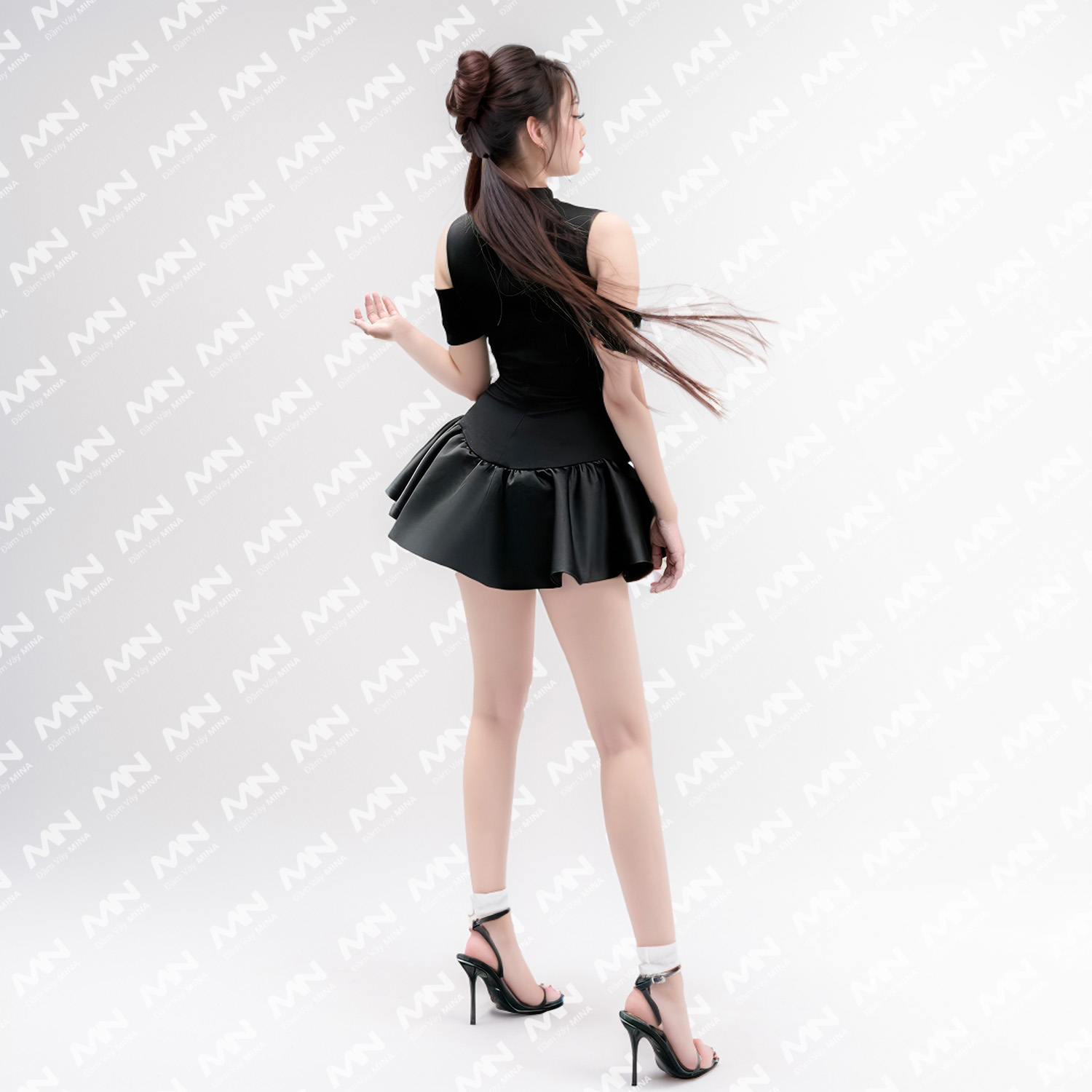 Mô tả Đầm dự tiệc Mina dáng xoè mini chất Cotton Nhật phối Taffta lụa màu đen trẻ trung xinh đẹp MN255 - 3