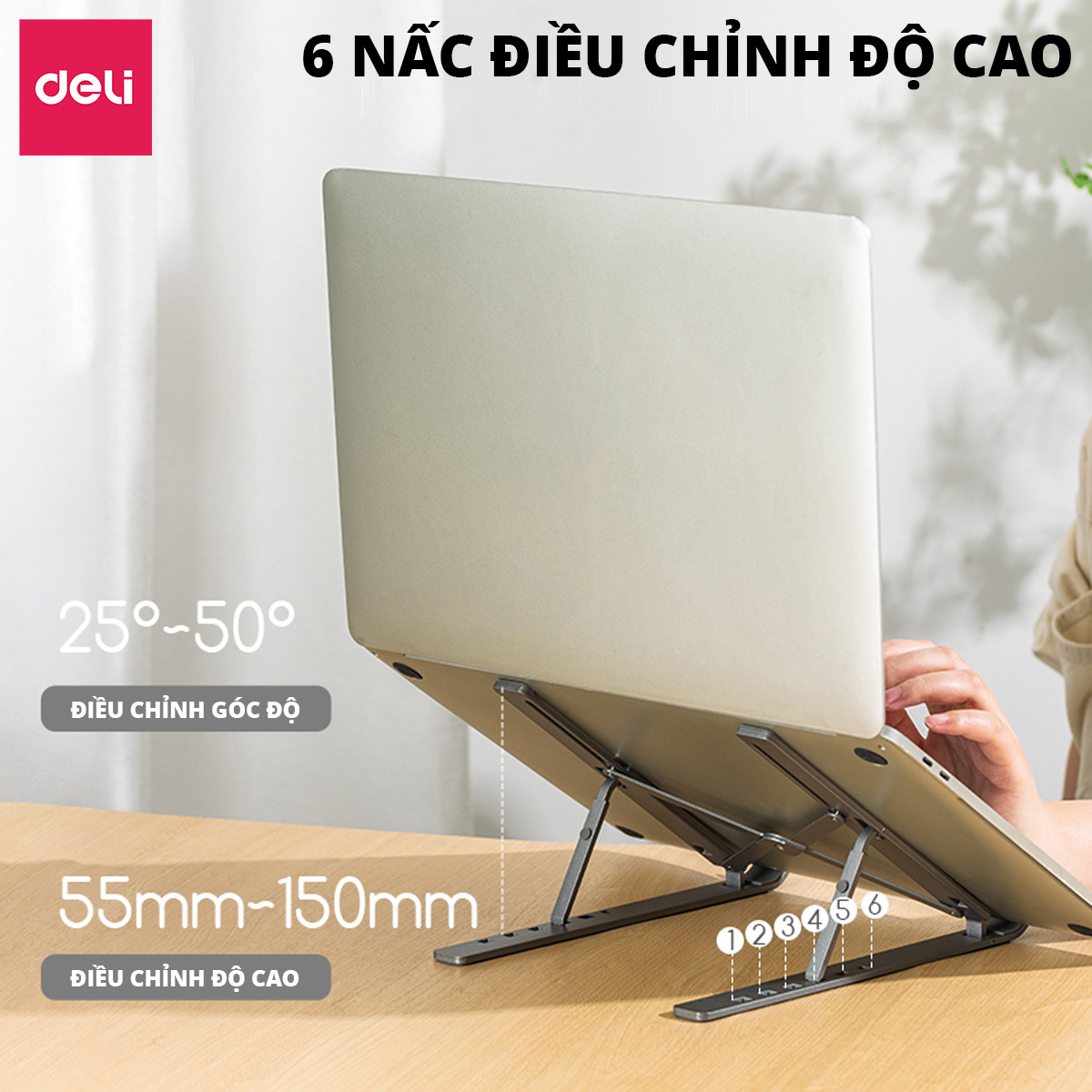 Mô tả Giá Đỡ Laptop DELI - Hợp Kim Nhôm Điều Chỉnh Độ Cao 6 Nấc Tản Nhiệt Cho Máy Tính Bảng Macbook - 3