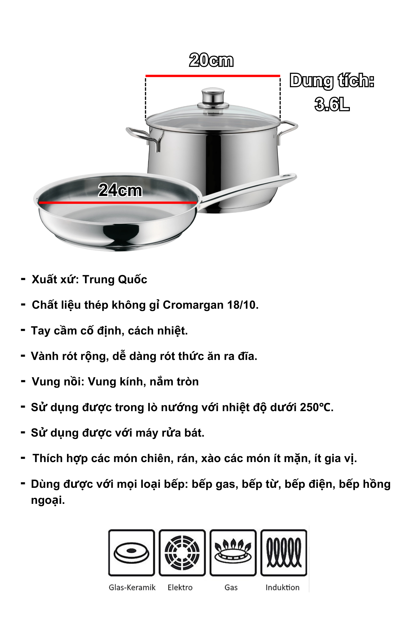Mô tả Nồi Chảo Thép WMF Diadem, Nồi 20cm, Chảo 24cm, Đáy Từ 3 Lớp, Sử Dụng Mọi Loại Bếp - 2