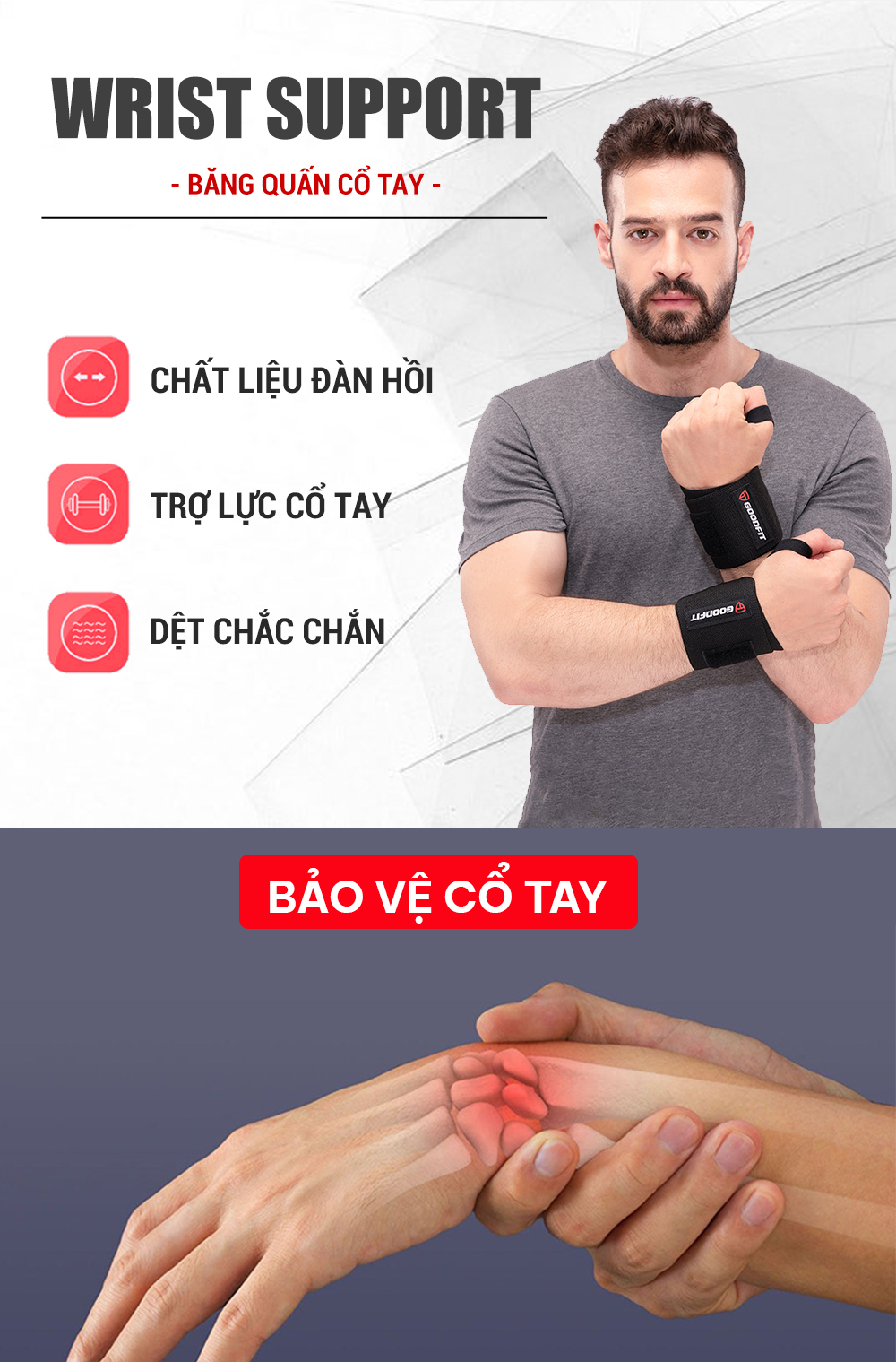 Mô tả Băng quấn cổ tay tập gym, boxing bảo vệ cổ tay, trợ lực khớp GoodFit GF301W - 2