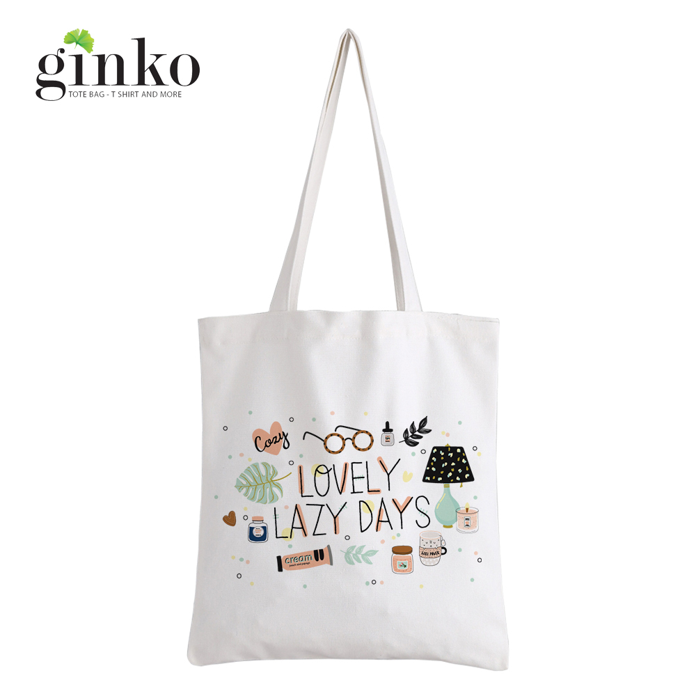 Mô tả Túi Vải Tote GINKO Kiểu Basic có dây kéo khóa (có túi con bên trong) In Hình love lazy day G179 - 2