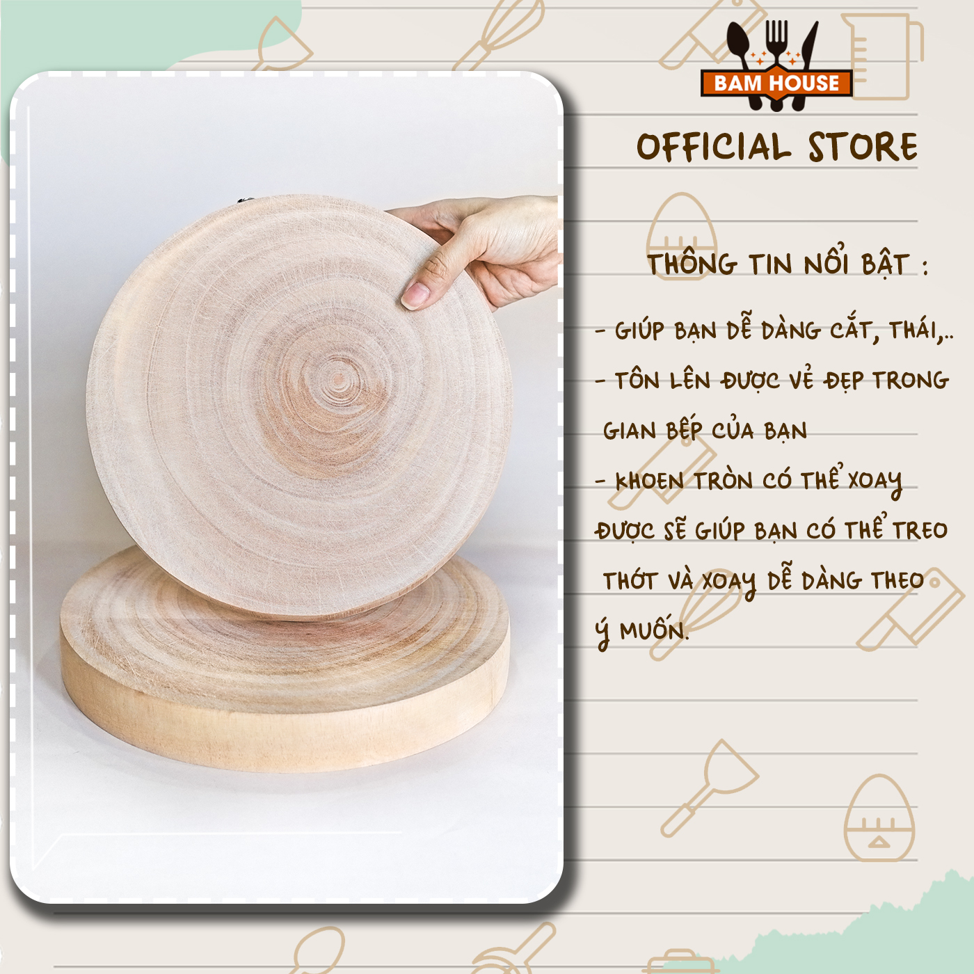 Mô tả Thớt gỗ xà cừ Bam House loại tròn nhiều kích thước cao cấp TGT01 - 1