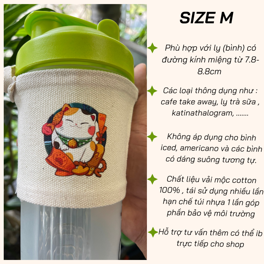 Túi treo ly Ginko Canvas Gấu Hoa Mèo chibi