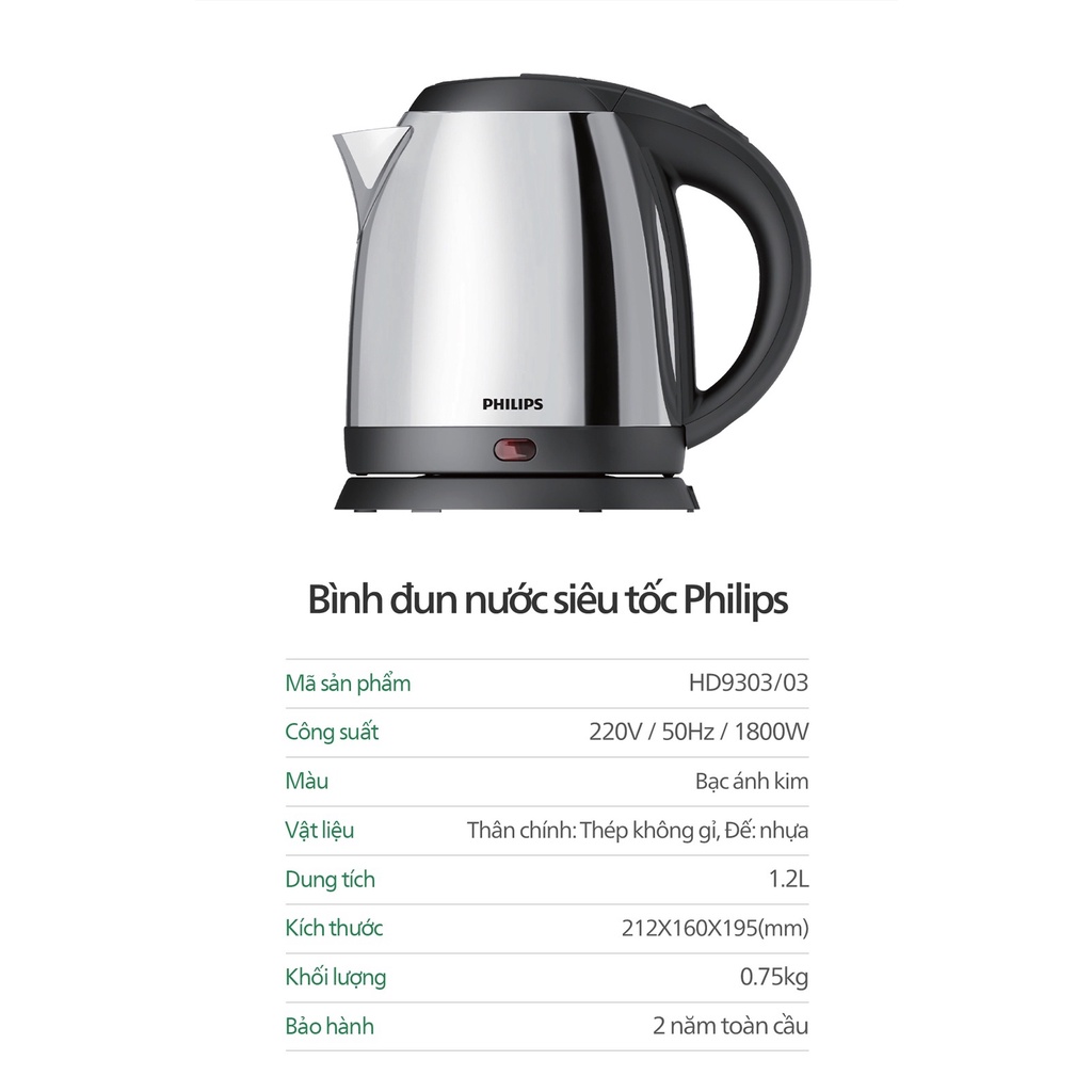 Ấm Siêu Tốc Philips HD9303/03 - Dung Tích 1.2L - Công Suất 1800W - Thân  inox Cao Cấp - Bảo Hành 24Tháng | Shopee Việt Nam